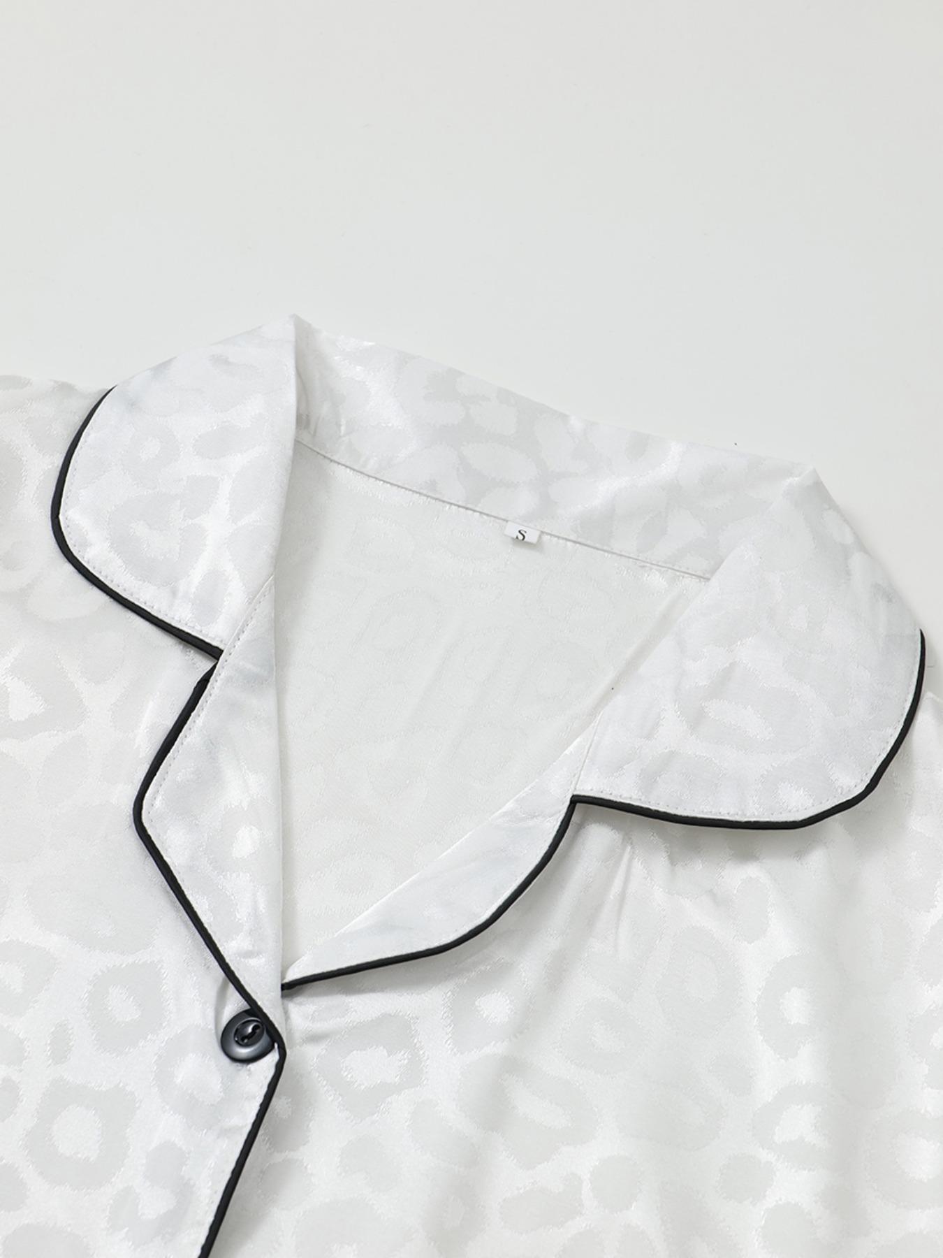 Women's Leopard Print Contrast Trim Lapel Neck Pajama Two-Piece Set, Comfort Loungewear PJ Set, Short Sleeve Button Up Top & Shorts PJ Set, Casual Sleepwear Set for Women