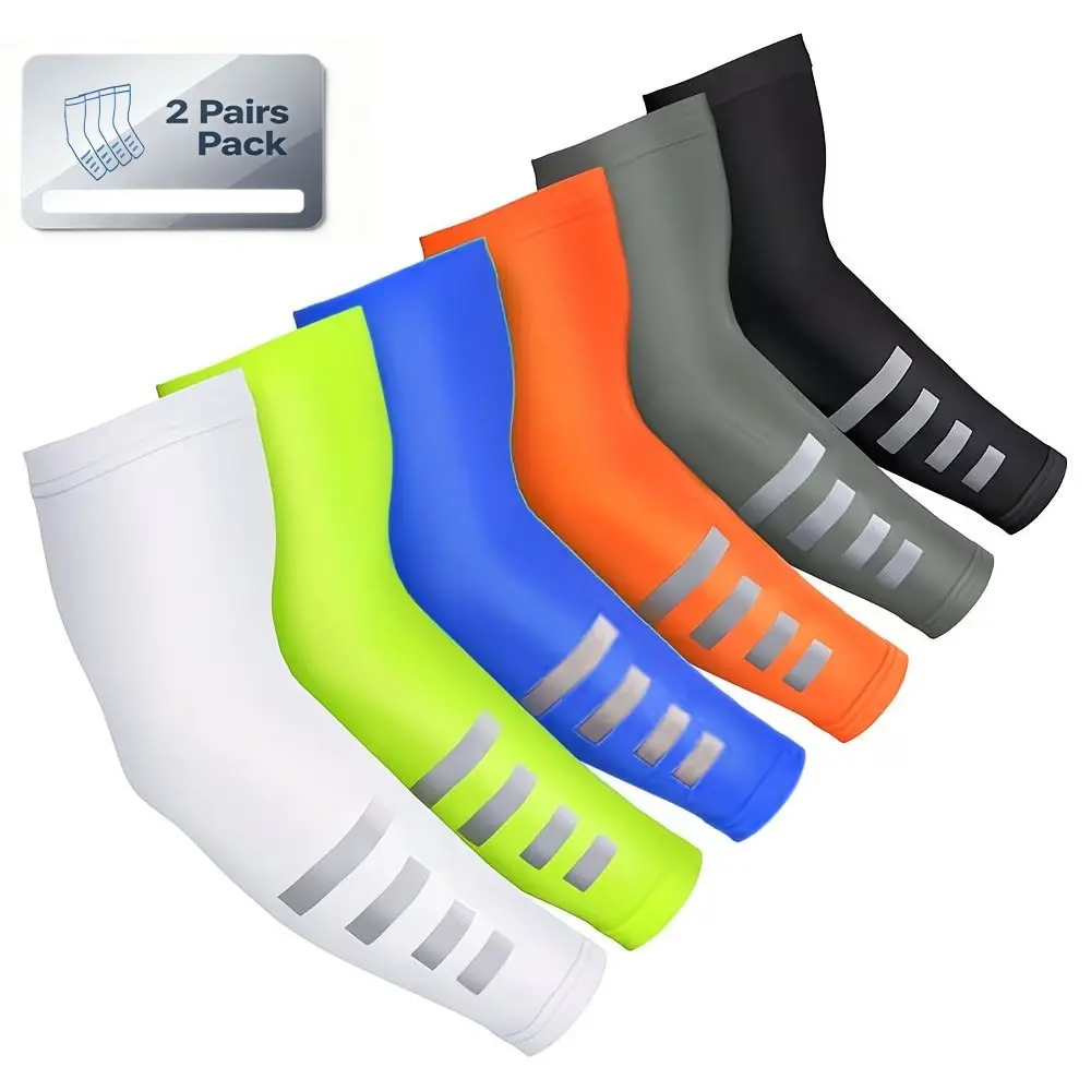 Cooling Compression Arm Sleeves, Breathable Quick-Dry Ice Silk Fabric, Unisex, All-Season, Reflective Design, 2 Pairs