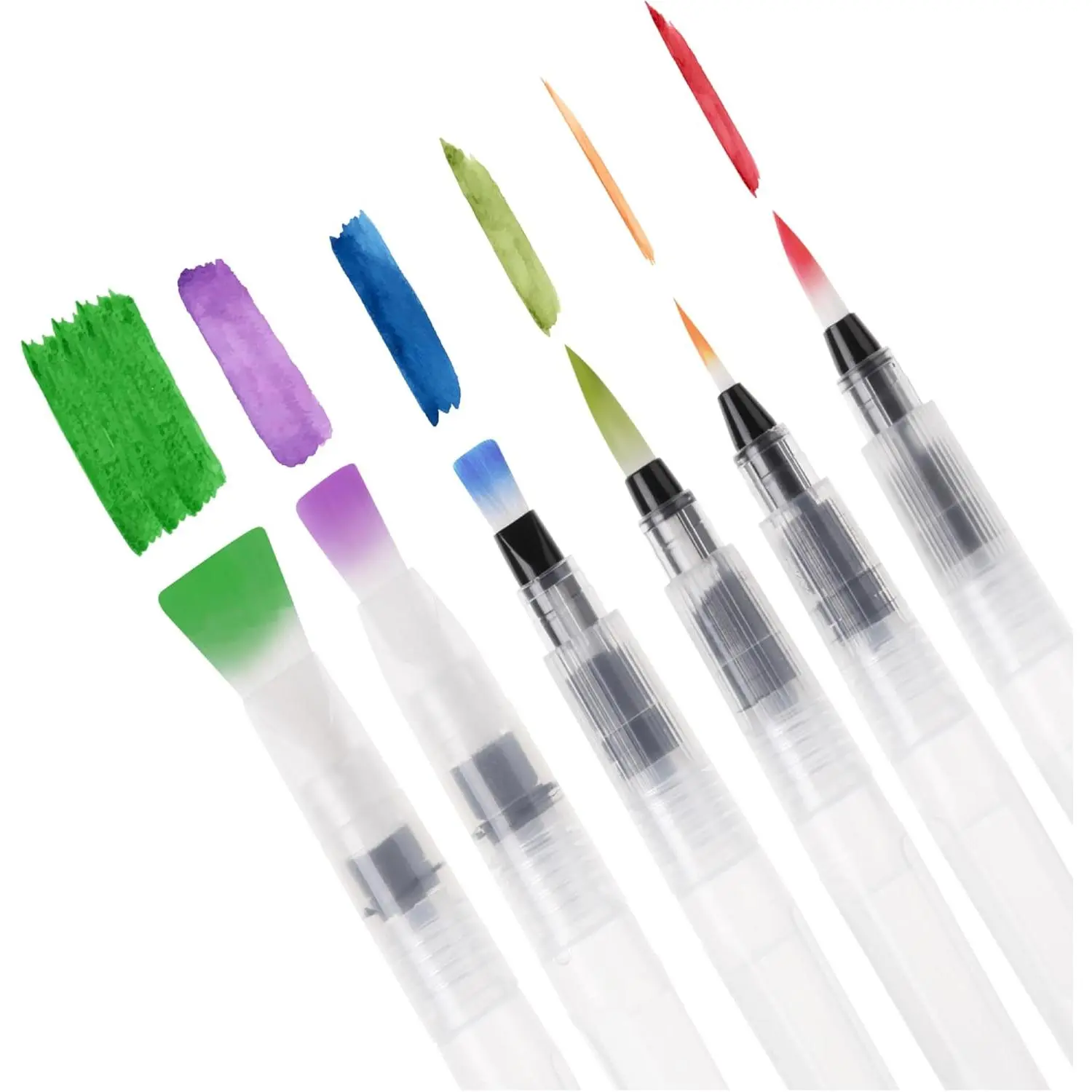 Watercolor Brush Pens, 6 pcs| 3 x Point Tips and 3 x Flat Tips Styles, Nylon Bristles, Refillable Watercolor Pens for Acrylic, Gouache, Crayons