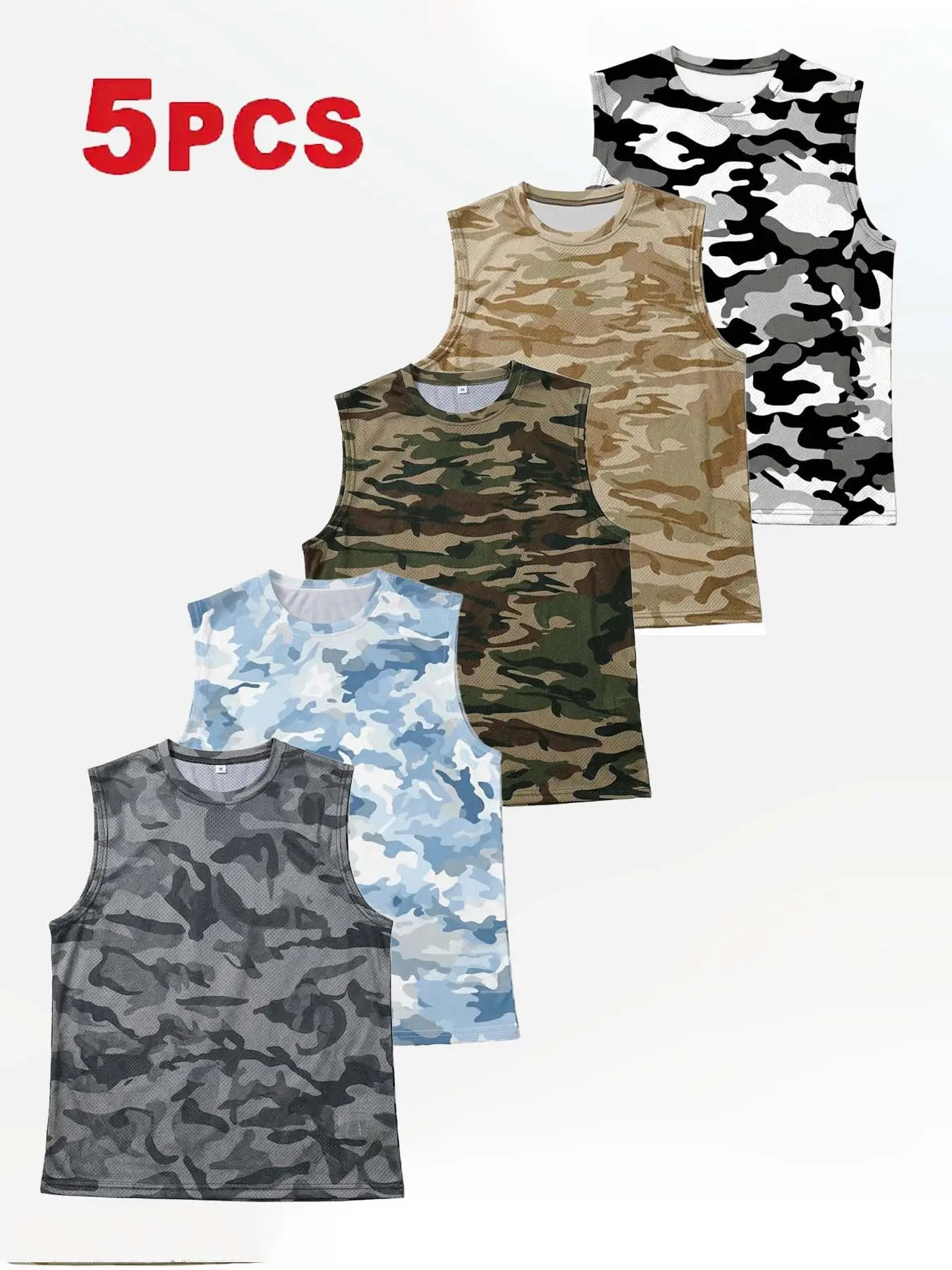 5 Pack Men's Mesh Crew Neck Sleeveless Camo Tank Tops, Five Color Matching Camouflage Print, Regular Relaxed Outdoor Street Fit, Multipack Daily Casual Athletic Vests