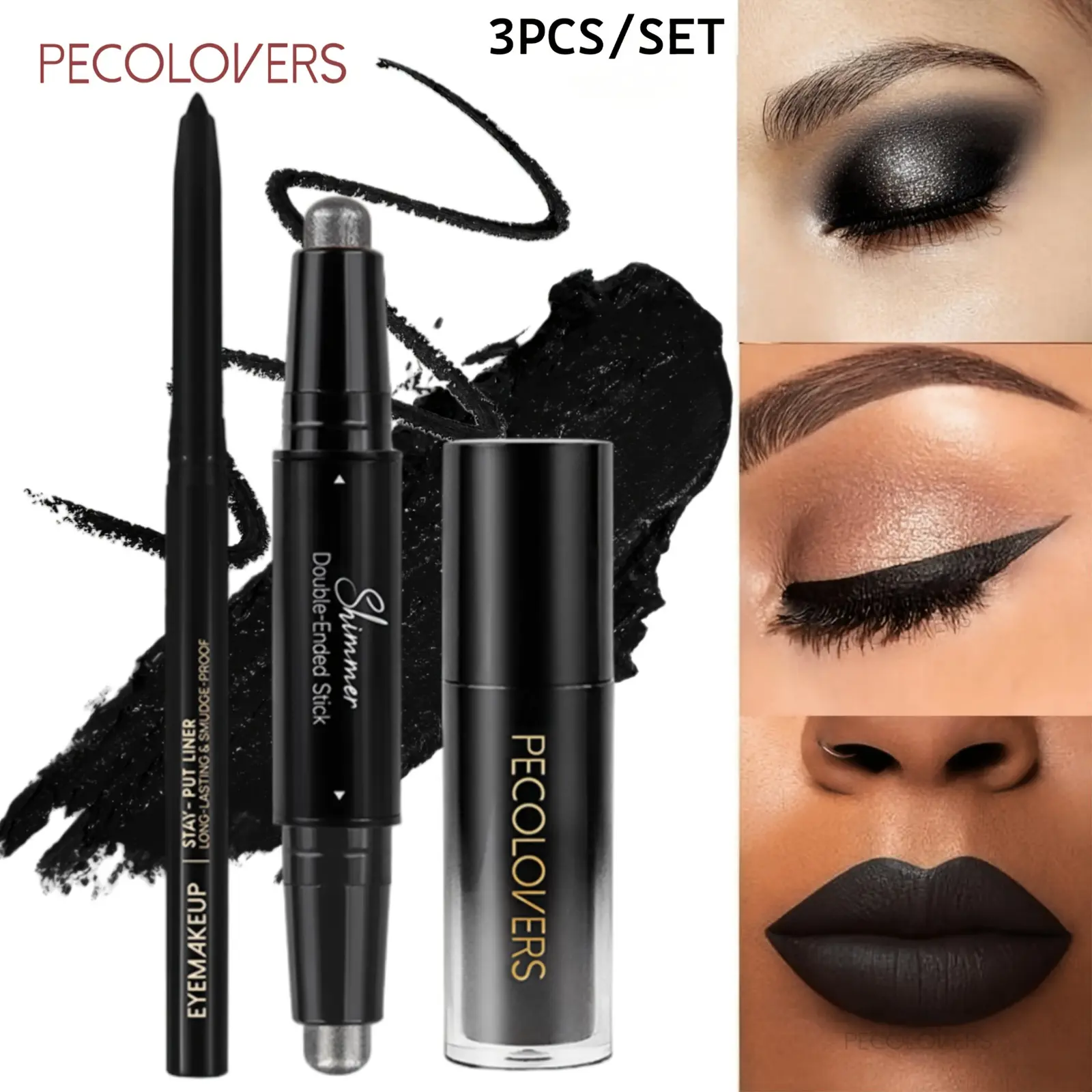 3PCS/SET Black Gel Eyeliner + Matte Black Lipstick + Double-Ended Black Eyeshadow Stick, Makeup Combo - Ultra-Fine Smooth Tip, Shimmer Black Eyeshadow, Waterproof Long-Wear Lipstick, Cat-Eye, Smoky Makeup, Gothic Style, Halloween Parties