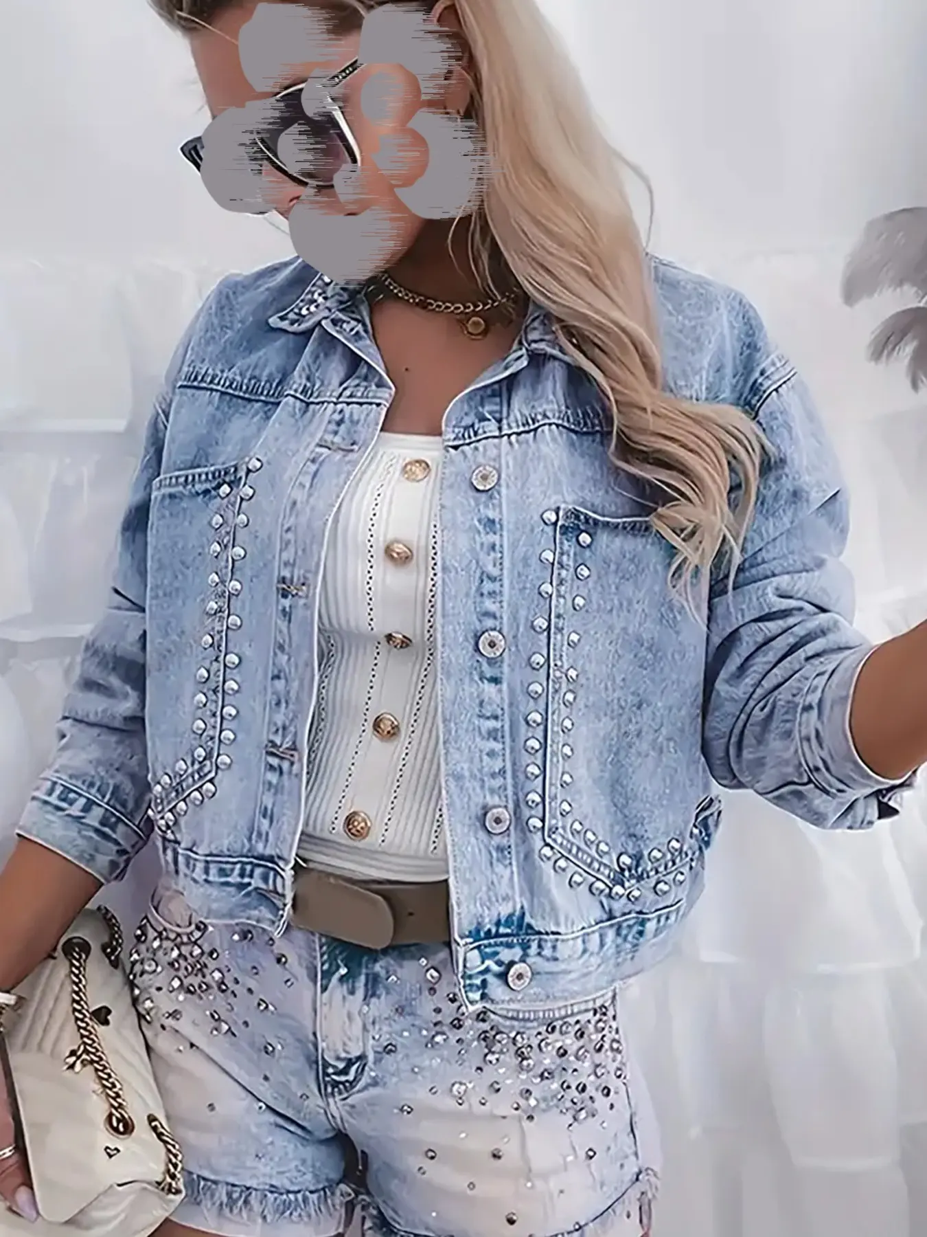 Women's Classic Denim Jacket with Sequin Accents, Long Sleeve, Button Front Neck, Regular Fit, Stylish and Comfortable Outerwear