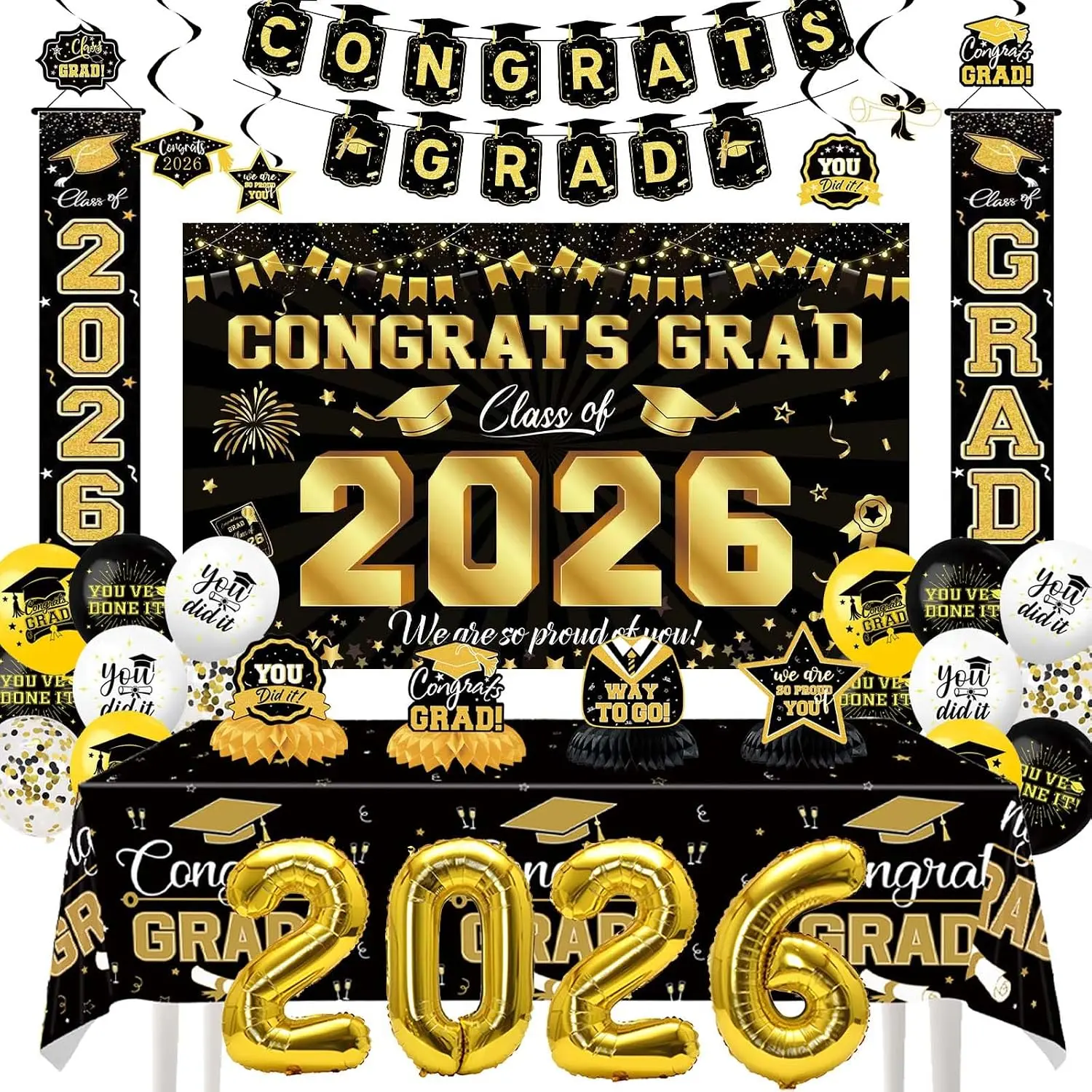 Graduation Decorations 2026 Set, Class of 2026 Party Decor Set Include Congrats Grad Banner, Graduation Backdrop, 2026 Foil Balloons, Complete Party Supplies for High School/College Celebrations