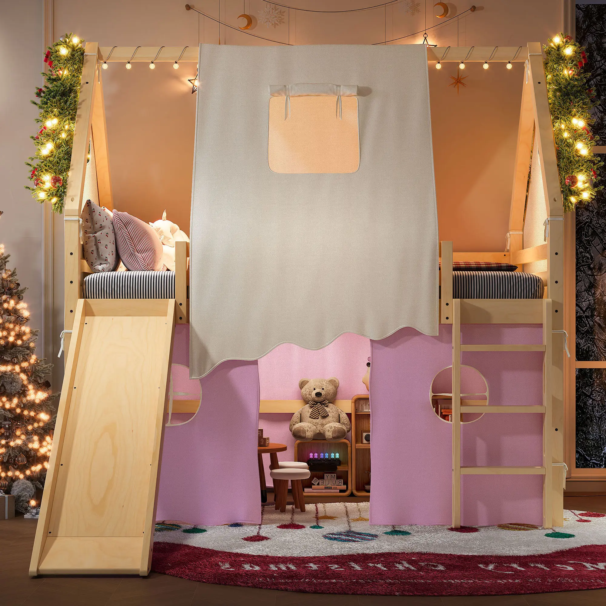 ARCH Full Size House Loft Bed with Sills and Tents, Solid Wood Loft Bed with Ladders and Slide, Chic Design with Lights, No Box Spring Needed, Natural Pink Finish, Kids Bedroom Furniture, Fun Playful Loft Bed with Tent and Slide for Children