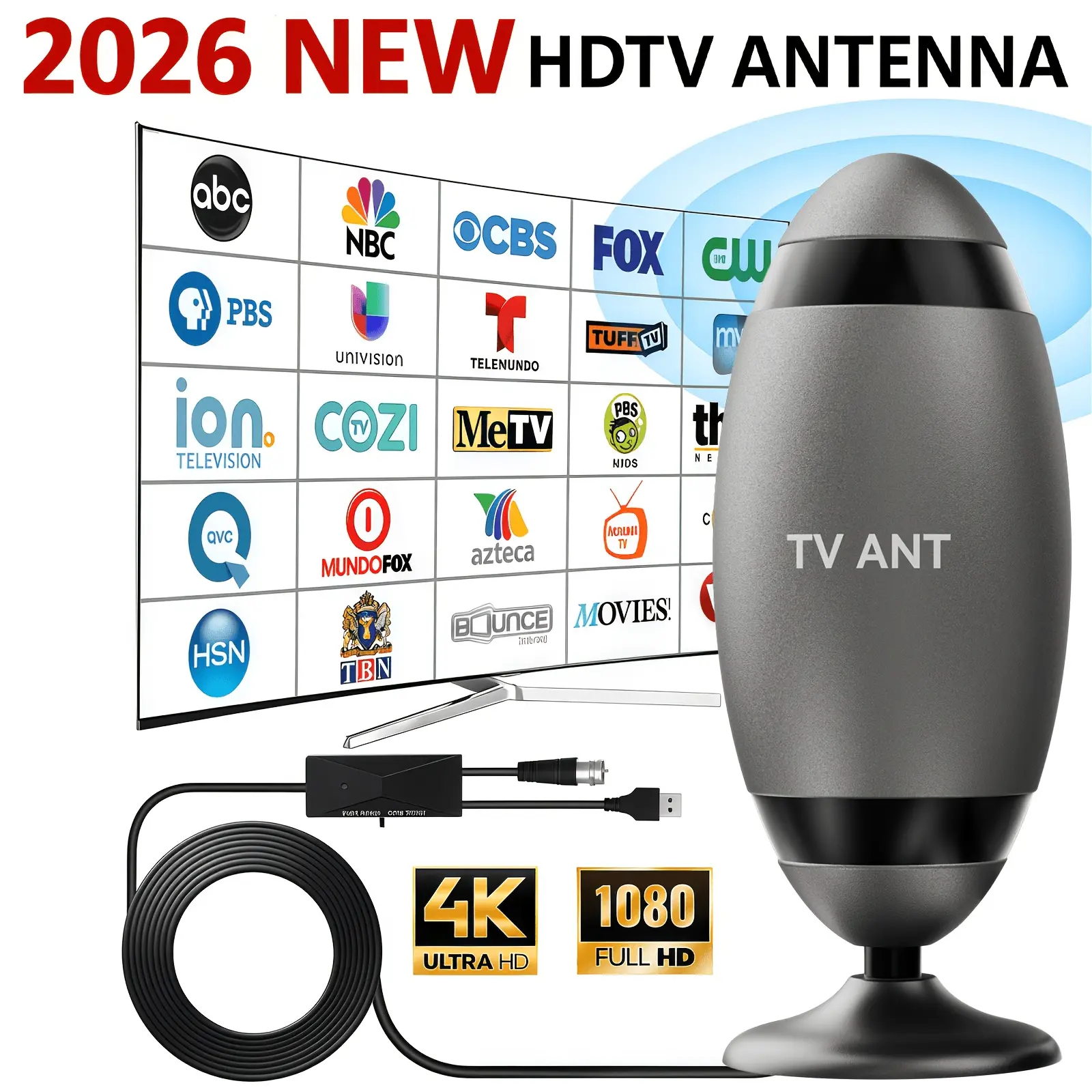 290000m Long Range Indoor HDTV Antenna 4K 1080P HD VHF UHF Support, Universal Compatibility with Smart & Old TVs, Easy Installation