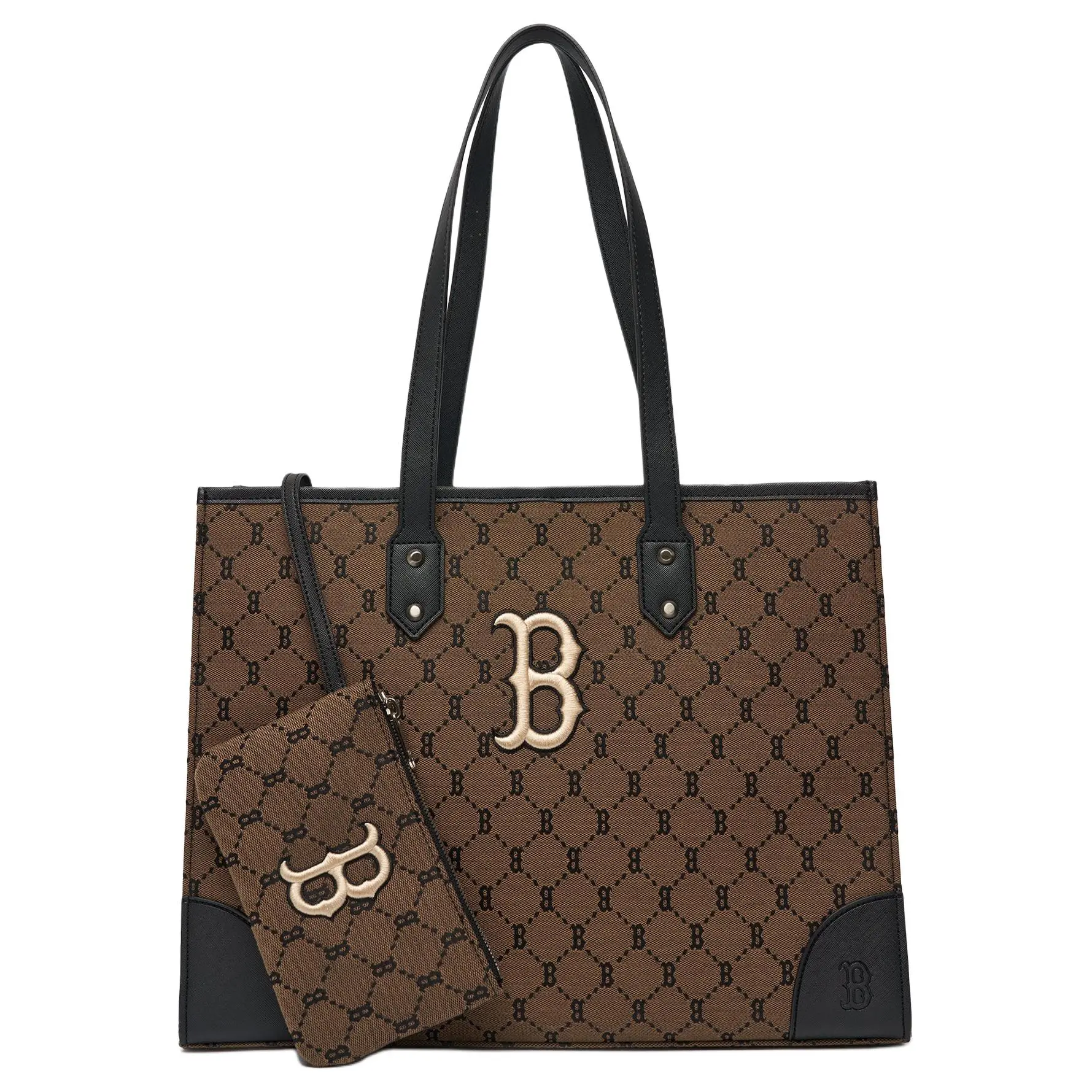 MLB Monogram Vintage All-Over Print Embroidered Polyester Tote Bag for Men and Women – Dark Brown Mocha