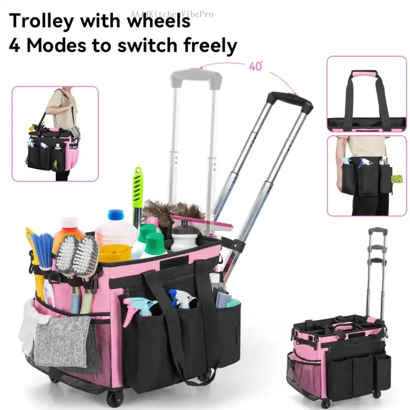 Rolling Cleaning Caddy Bag, Cleaning Caddy with Wheels with Detachable Trolley for Housekeepers, Water Resistant Cleaner Supplies Organizer with Wheels for Kitchen, Car, PicnicAA48KitchenVibePro