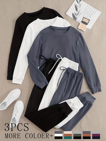 Women's Homecoming Set, 3-Piece Long Sleeve Round Neck Top & Ankle-Length Pants, Soft Fabric, Casual Comfortable Daily Wear