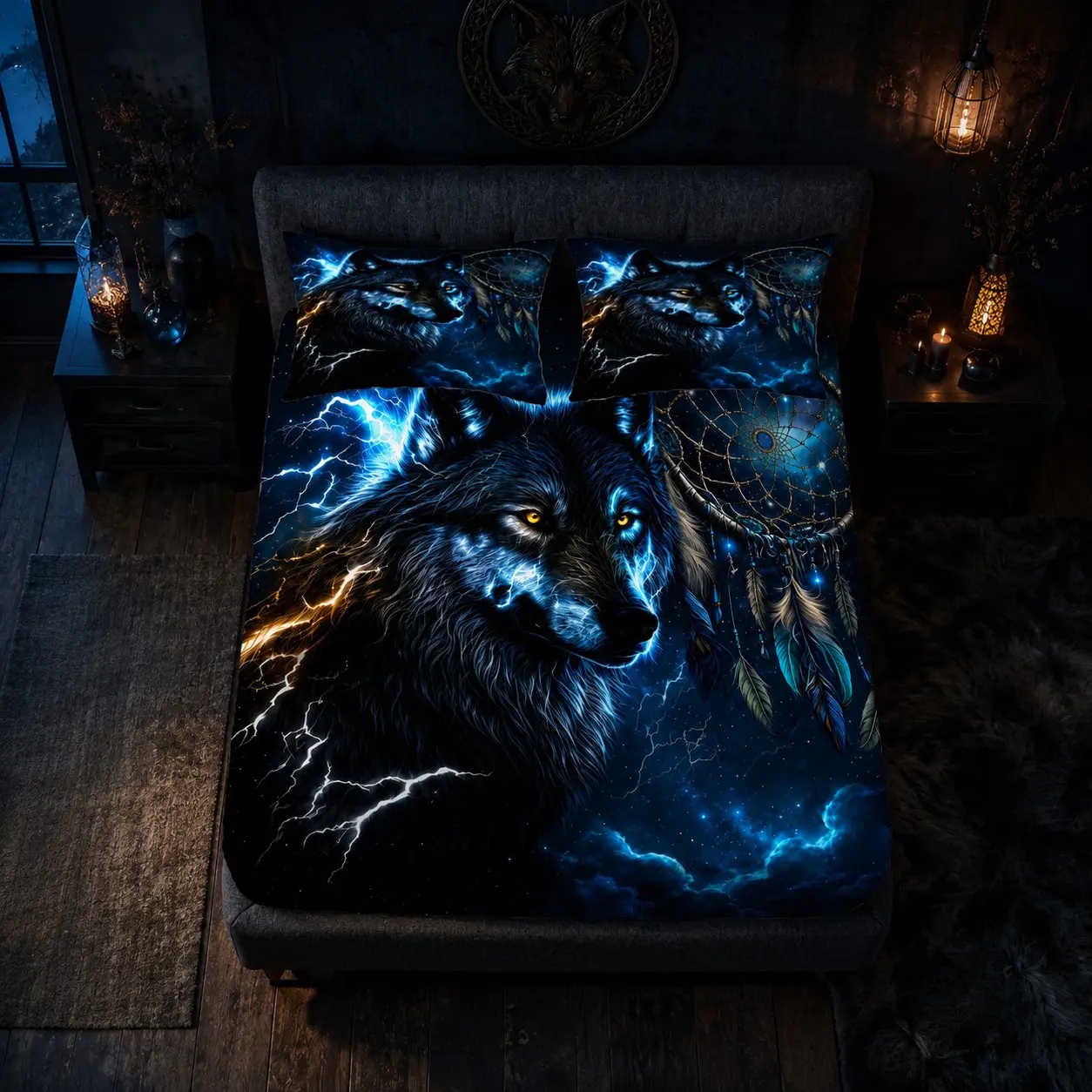 3Pcs Fitted Sheet Set, Dark Gothic Neon Lightning Galaxy Wolf Dreamcatcher Soft Microfiber Digital Print Bedding, 1 Fitted Sheet + 2 Pillowcases, No Pillow Inserts, Great for Teen Boys Bedroom Dorm, Top Choice for Teen Gifts, Bed Sheet Sets