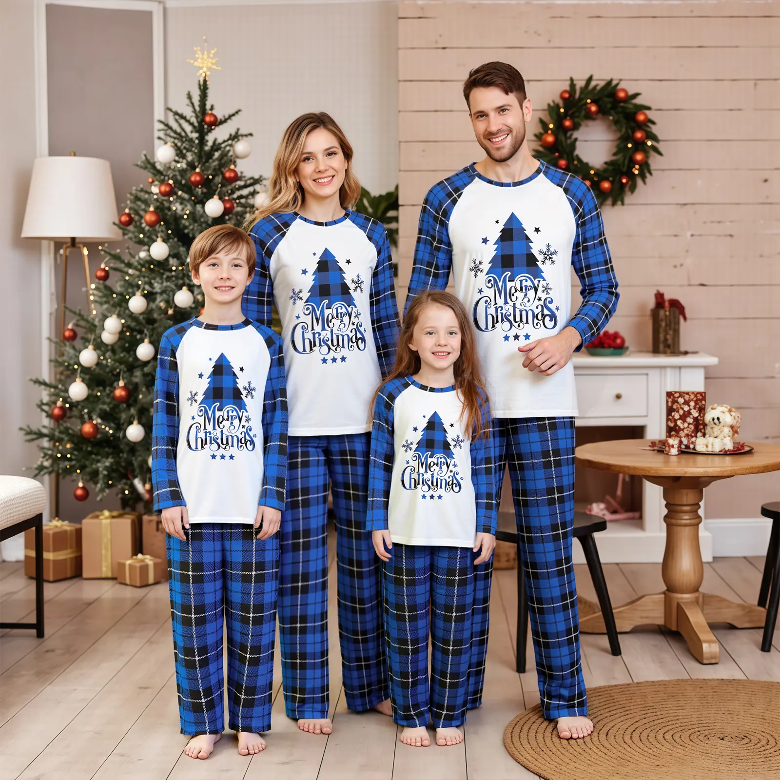 Matching Christmas Pajamas For Family Christmas Tree Printed Long Sleeve Tops with Plaid Pants 2Pcs Family Sleepwear, Comfortable Relaxed Fit For Christmas