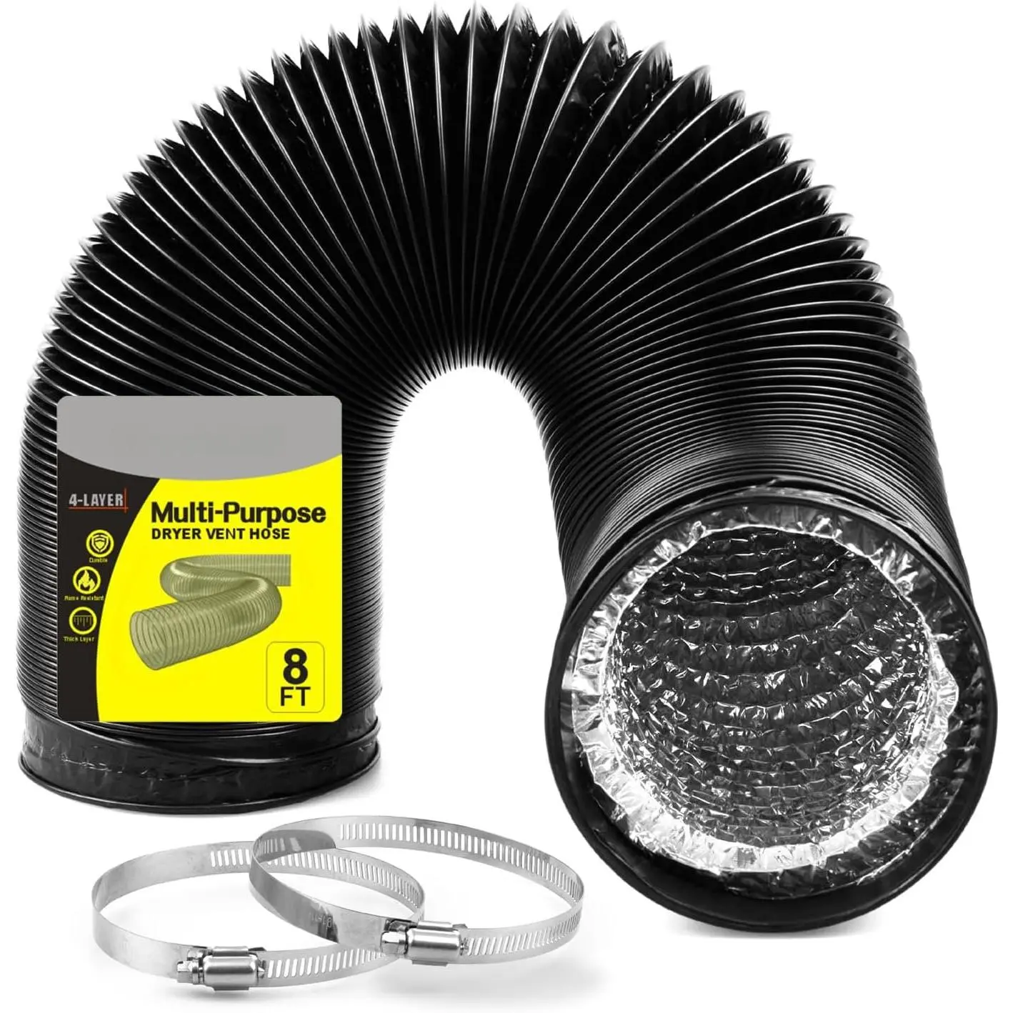 Dryer Vent Hose - 4 inch Flexible Duct, 8ft Long, Heavy-Duty Four-Layer Protection - Ideal for Heating, Cooling, Ventilation - Includes 2 Pack Clamps
