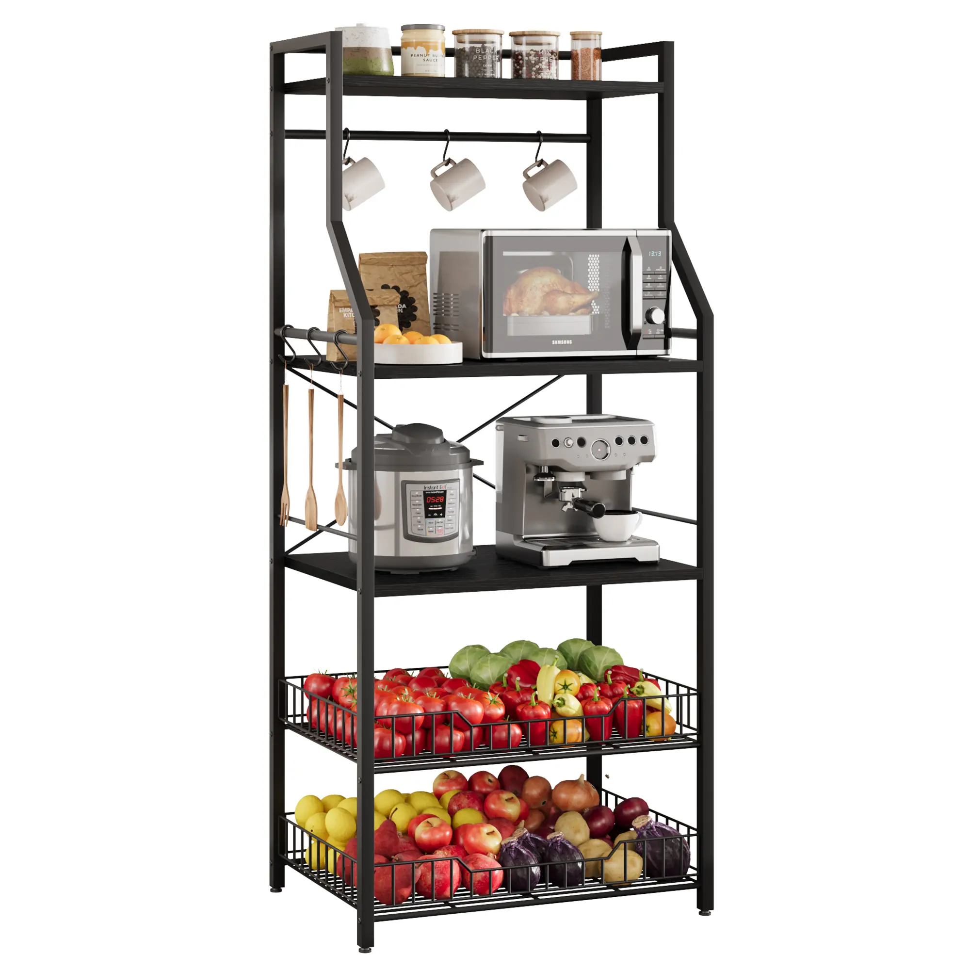 5-Tier Industrial Kitchen Baker’s Rack with Storage Cabinet & Adjustable Shelves, Heavy-Duty Microwave Stand Equipped with 2 Large Wire Baskets and 8 Utility Hooks, Sturdy PB Board & Metal Frame Kitchen Storage Organizer