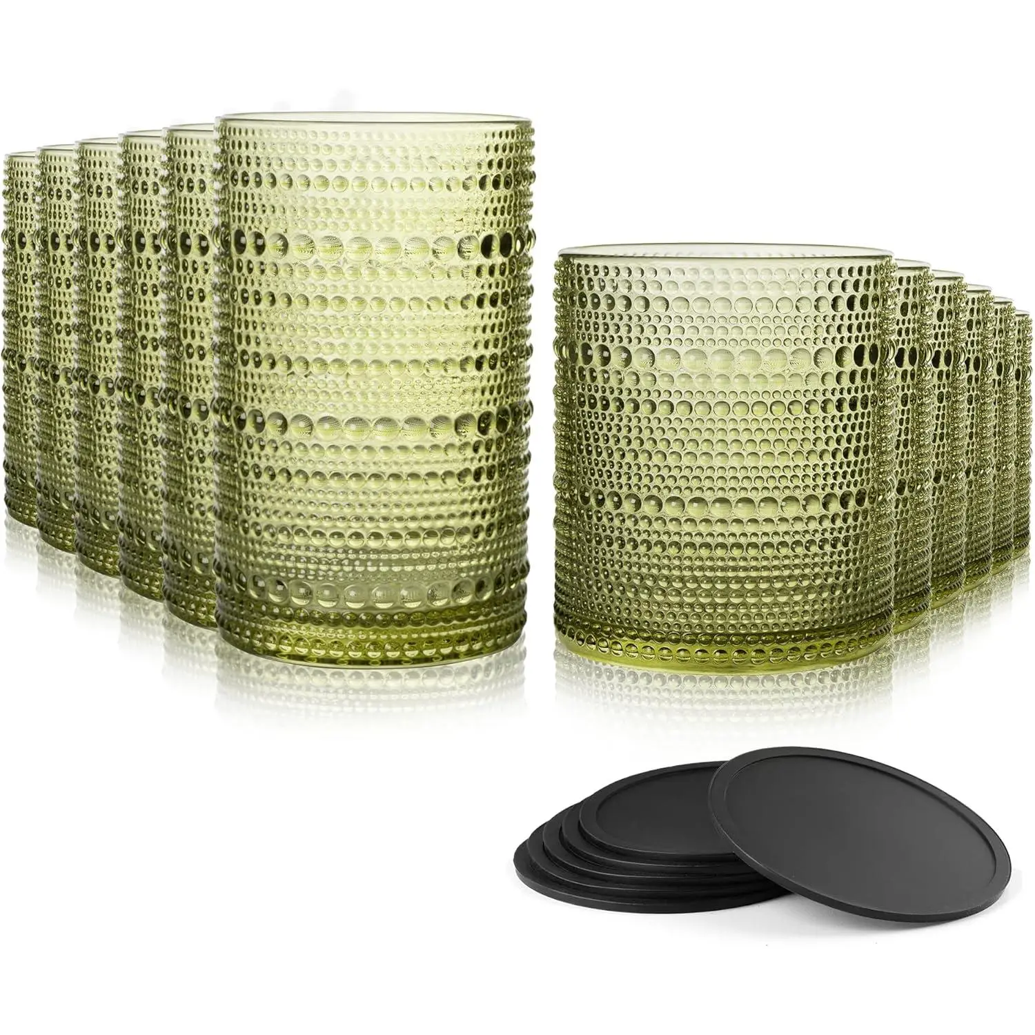 Hobnail Drinking Glasses Set of 12 Count, Vintage Glassware, Old Fashioned Glasses, 6 Highball Bubble Drinking Cups 14.5 oz, 6 Rocks Cups 10 oz with 6 Silicone Coasters, Green