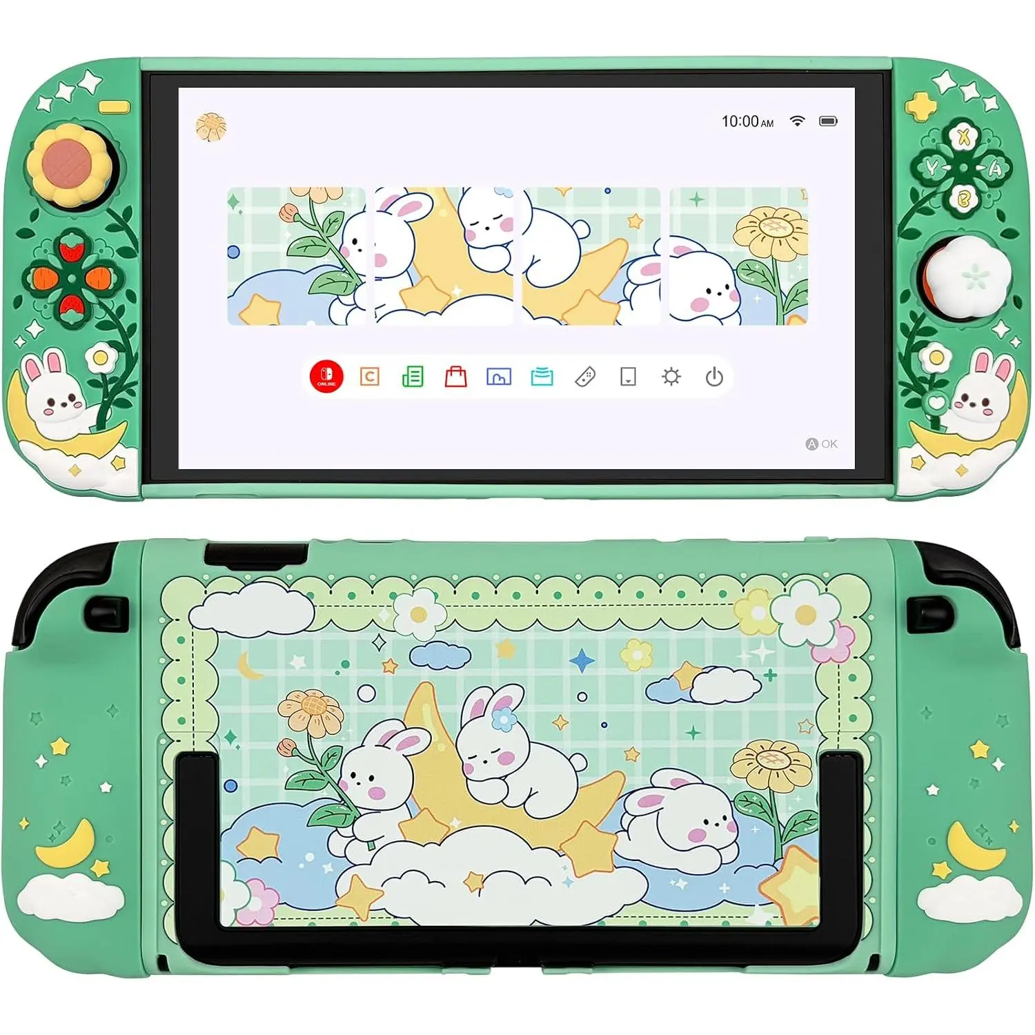 Protective Case for   2, Hard  Shell + 2  Anti-Slip Controller Covers + 2 Joystick Caps,  and Flower Cover, Green