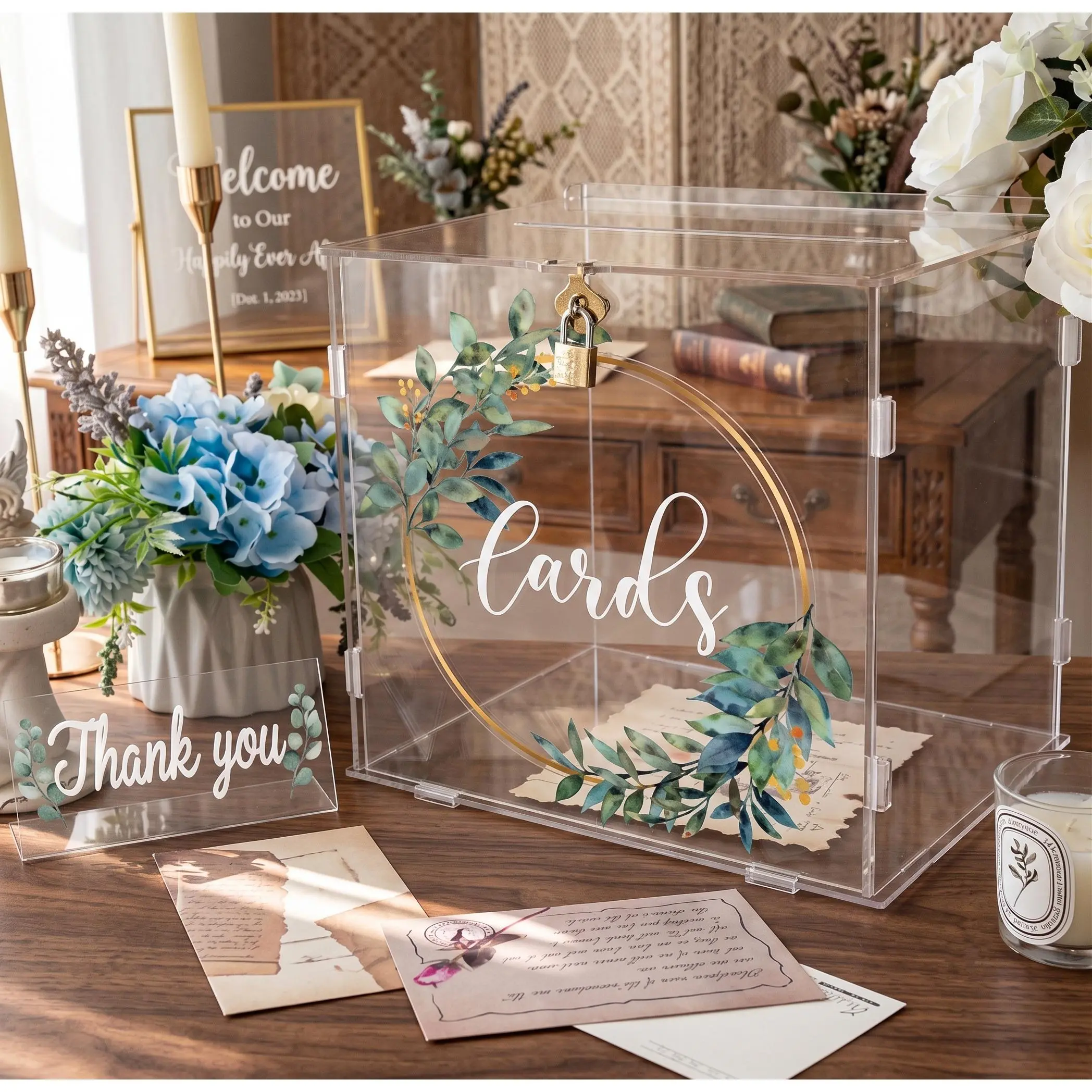 Clear Acrylic Wedding Card Box with Lock, Transparent Gift Card & Money Holder for Wedding Reception, Bridal Shower, Birthday Party Decor