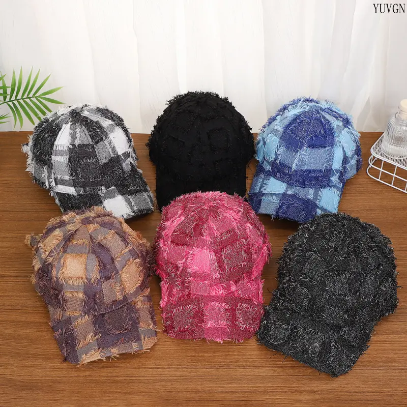 Vintage Streetwear Plaid Baseball Cap with Distressed Raw Edges - Adjustable Unisex Wear for Casual Daily & Travel, Adjustable Size, Plaid Print, Casual Wear, Adjustable Fit