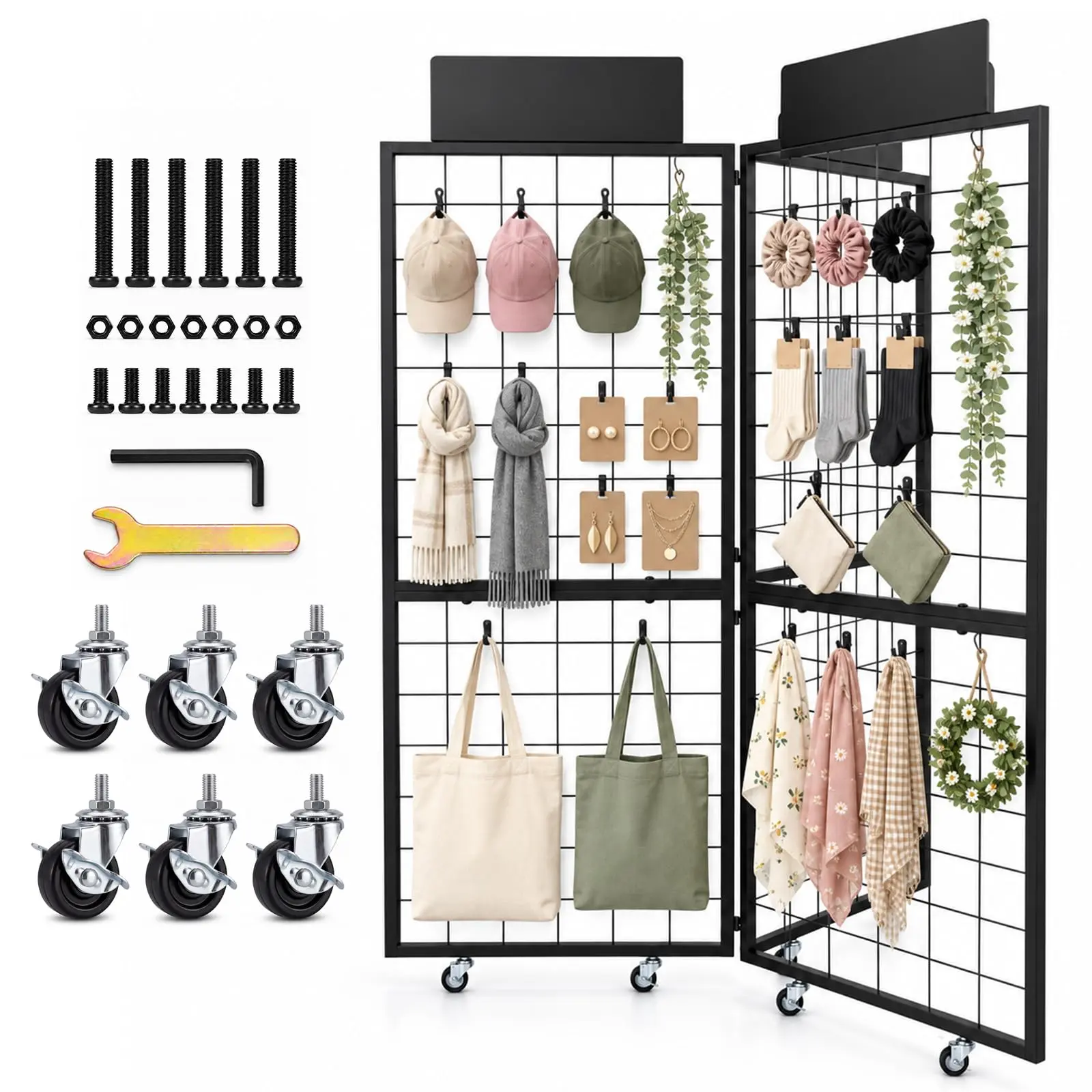 360° Foldable Grid Wall Panel 3 Panel Mesh Display Rack Stand 24.8"×73.4" with 6 Locking Wheels Carbon Steel Frame for Retail Stores