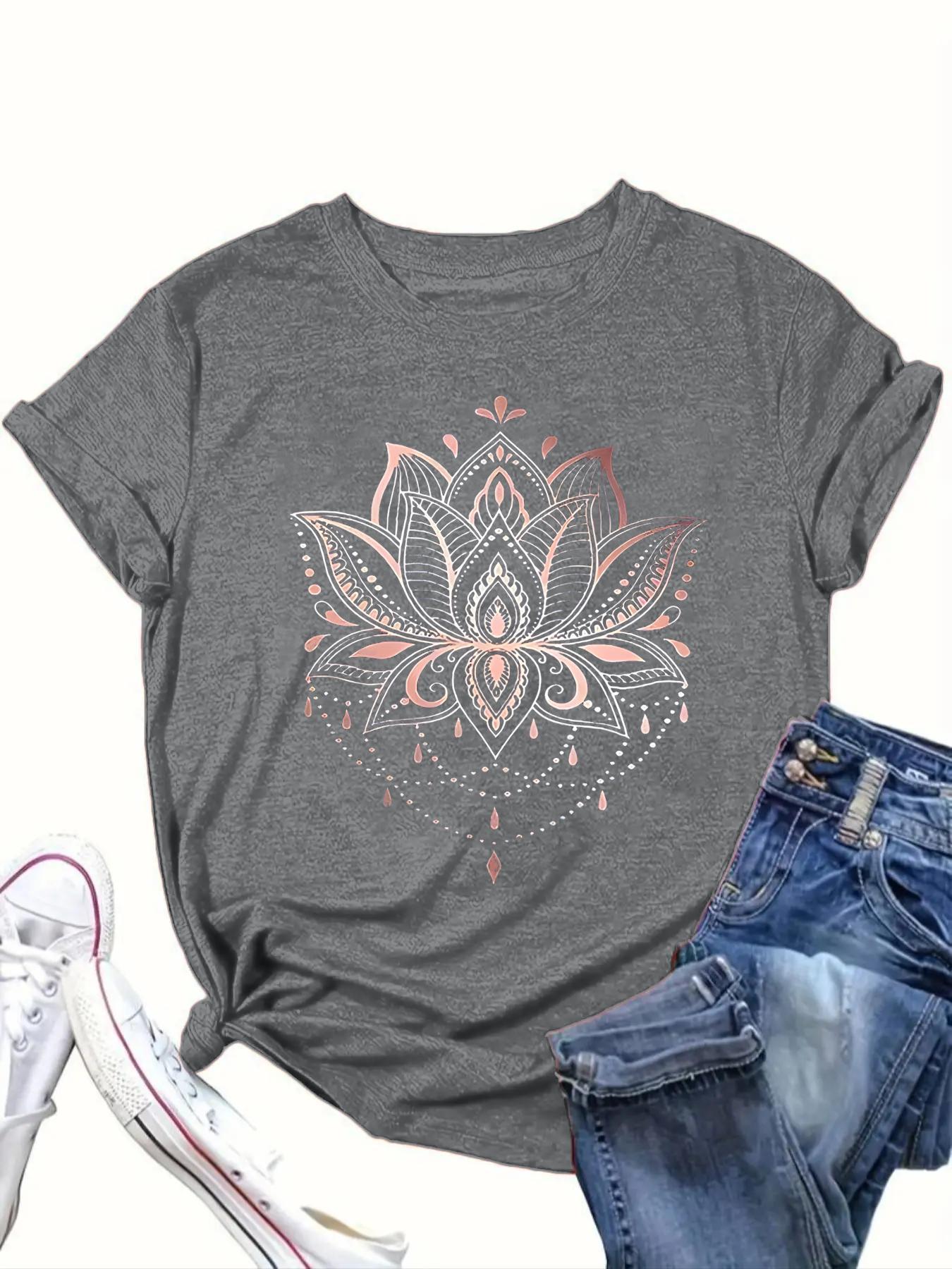 【Plus Size】 Lotus Graphic Tee, Boho Casual Crew Neck Short Sleeve Lightweight T-shirt for Daily Holiday Vacation Wear, Women Clothing for All Seasons