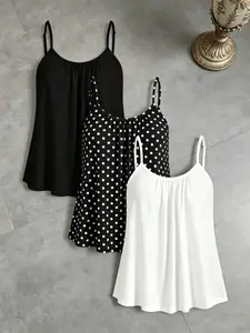Three-Piece Comfortable Loose Ruched Halter Top Set, Adjustable Thin Straps Sleeveless Flowy Backless Vest, Casual Daily Holiday Wear