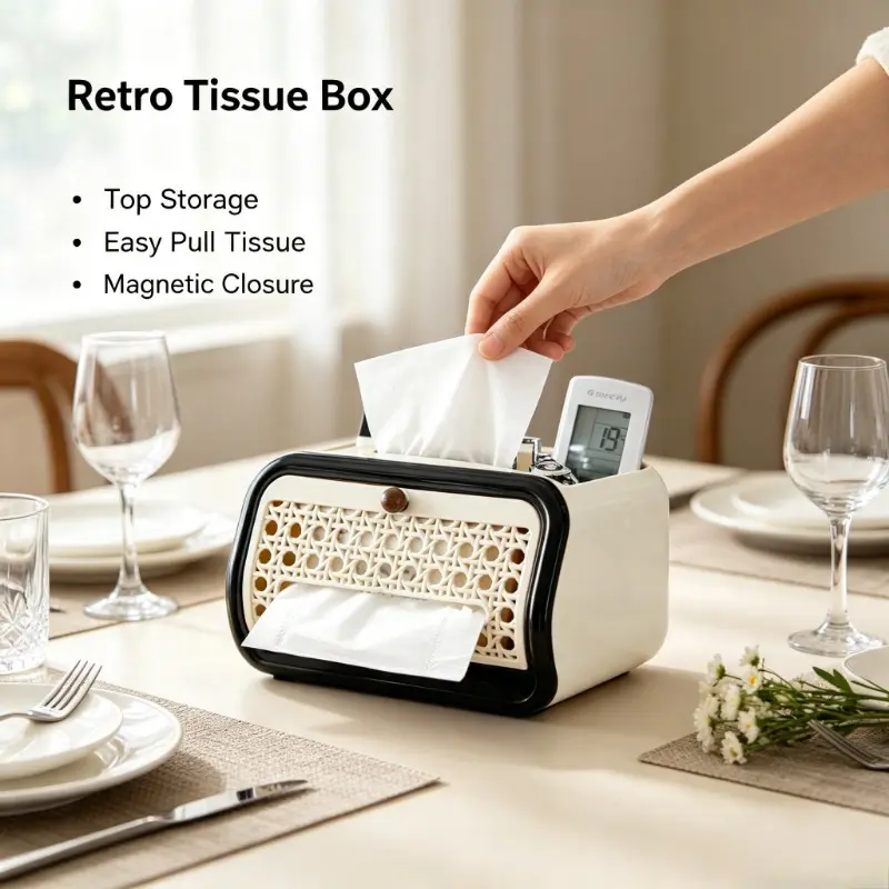 Vintage Hollow Tissue Box Holder with Top Storage, Magnetic Closure Multifunctional Desktop Napkin Organizer for Bedroom Living Room Office
