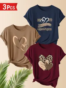 3-Pack Women's Casual T-Shirts, Heart Print, Polyester, Round Neck, Short Sleeve, Comfortable for Spring & Summer