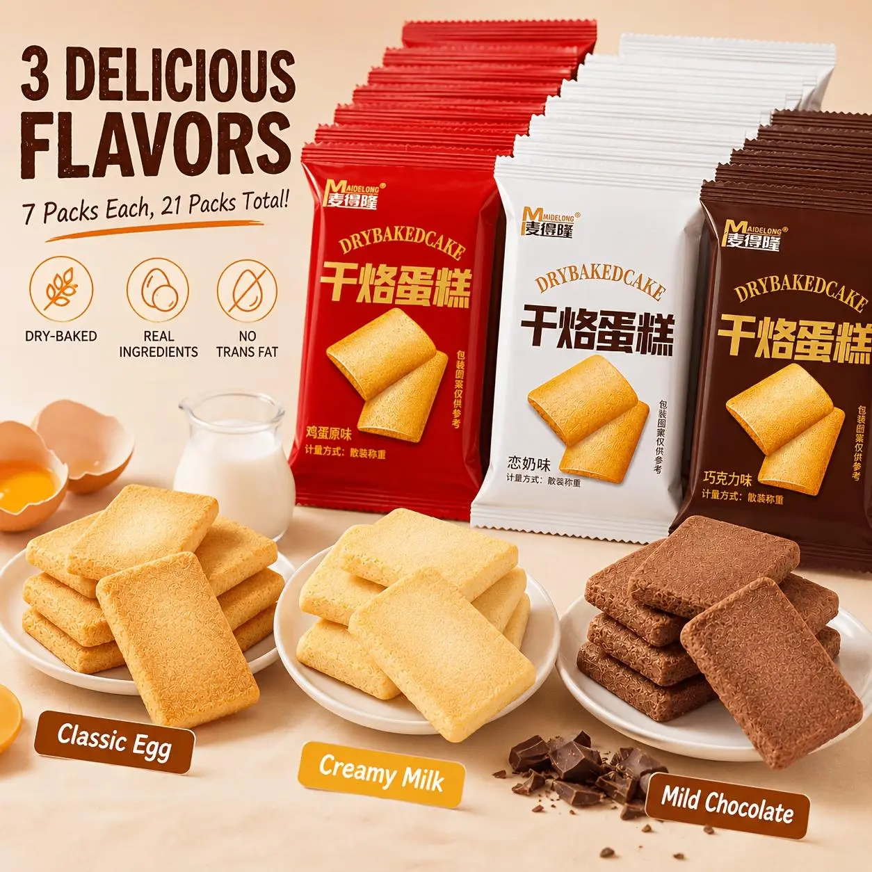 A total of 21 individually sealed packets, three flavors of dry-baked crispy cake biscuits, individually packaged crispy casual snacks, egg original/milk love/chocolate dry-baked desserts, no trans fat natural raw materials, light and crispy biscuits