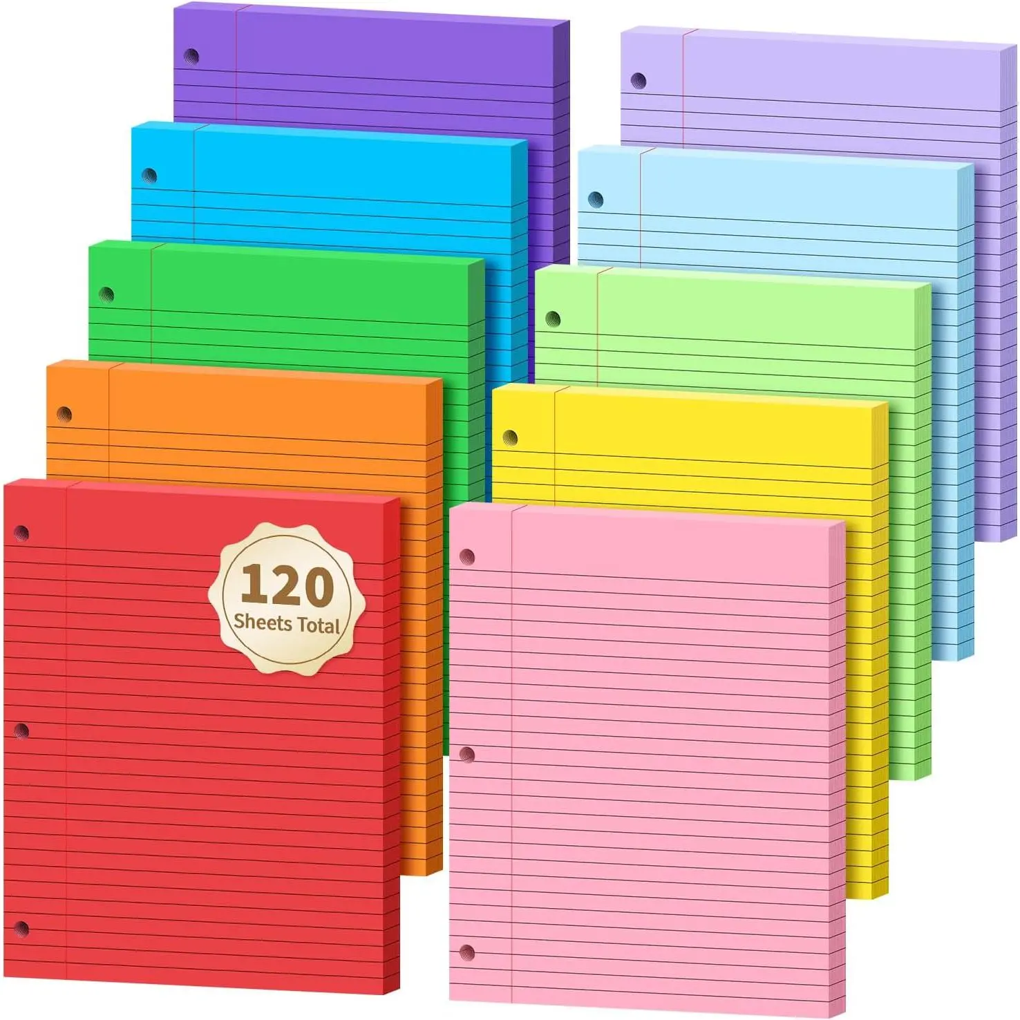 120 Sheets Loose Leaf Paper, 8” x 10.5”, 6 Colors Wide Ruled Lined Paper