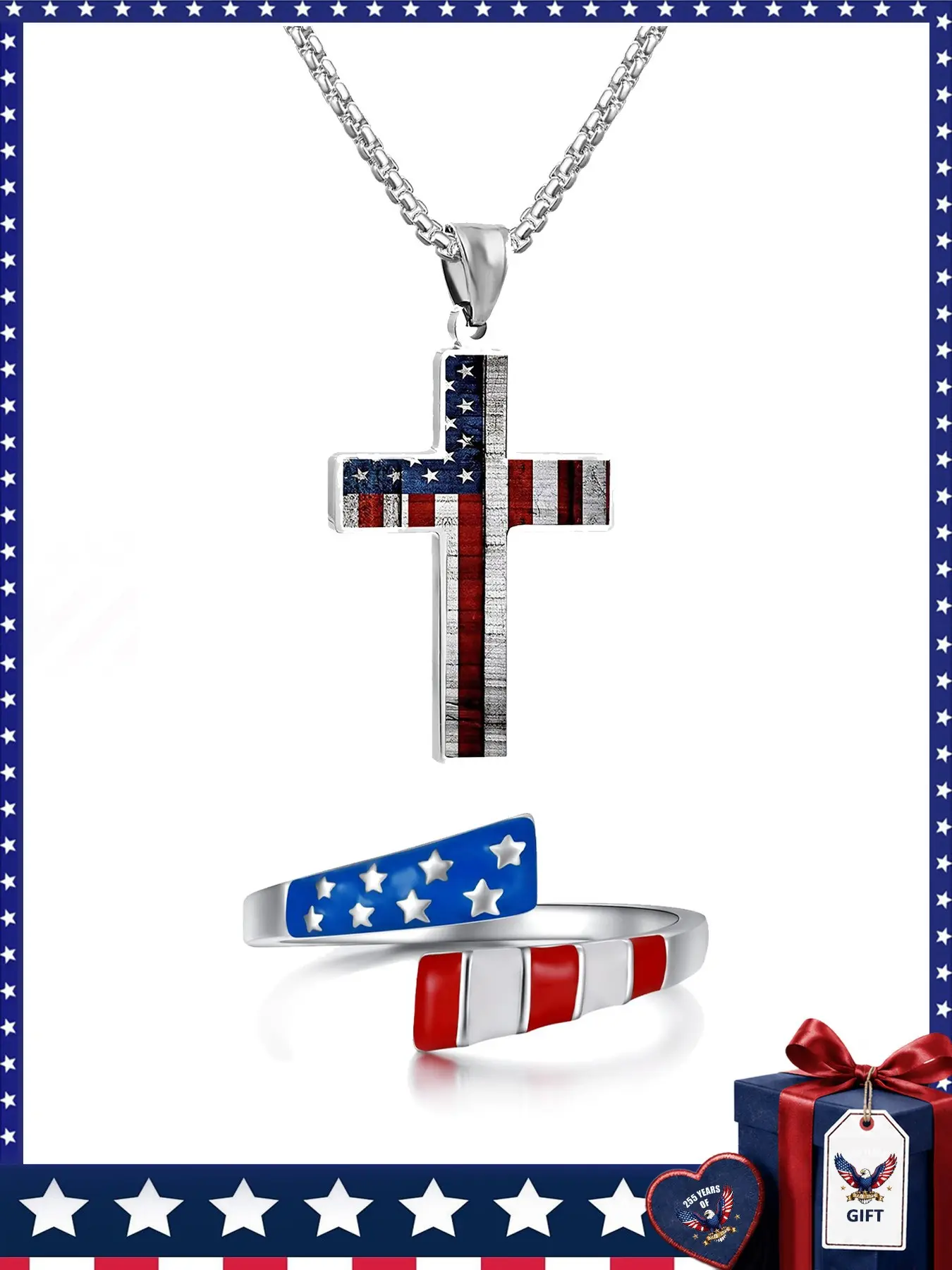 USA Flag Cross Necklace Set – Patriotic Men Holiday Jewelry Gift Kit with USA Map Keychain, Bracelet & Ring; Stars and Stripes Cross Pendant, July 4th Independence Day Keepsake, Ideal Gift for Dad, Mom, Husband, Son, Daughter & Friends