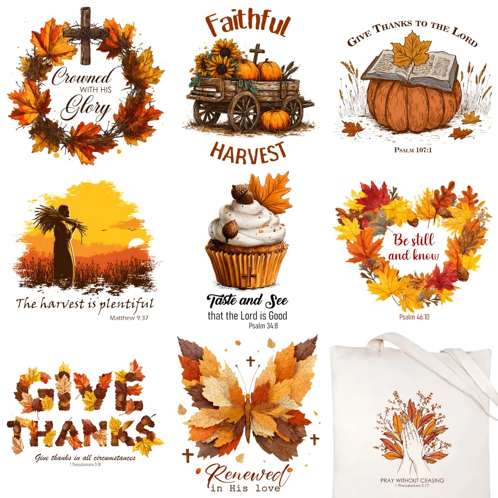 9 Pcs Thanksgiving DTF Iron-On Transfers for Clothing - Autumn Harvest, Faithful Wagon, Thankful Pumpkin, Silhouette, Taste And See, Be Still, Give Thanks, Leaves, Renewed Butterfly, Pray Without Ceasing, Tote Compatible, Machine Washable