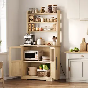 Farmhouse Bakers Rack with Storage Cabinet & Power Outlets – Kitchen Pantry Organizer Hutch with Thickened Countertop, Microwave Stand with USB Ports & Multi-Shelf Storage