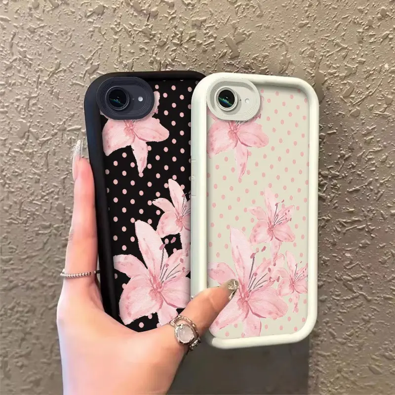 ROOJTN80D Shockproof TPU Soft Silicone Smartphone Case for iPhone 16E/17E, Handheld Cellphone Devices, Watercolor Pink Lilies & Polka Dots Design, Celestial Eye Layered, Resistance Feature, Gift-Worthy Accessory