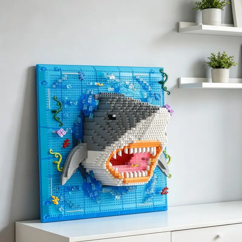 Deep Sea Great Shark 3D Frame Puzzle, Oceanic Fun Design, Shark Head Shape, Coral Bubble Scene, Blue Base, Wall Mountable, Kids Toy, Holiday Gift