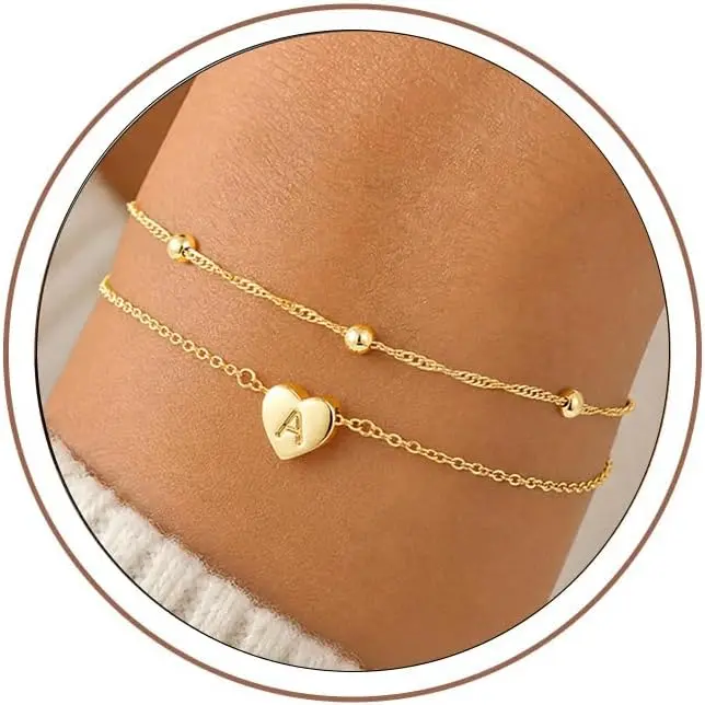 Initial Bracelet for Women Girl, Heart Letter A-Z Bracelets |  Initial Bracelet for Women Girl, 14K  Plated, Heart Bracelets for Women, Layered Link Charm Bracelets,  Gifts