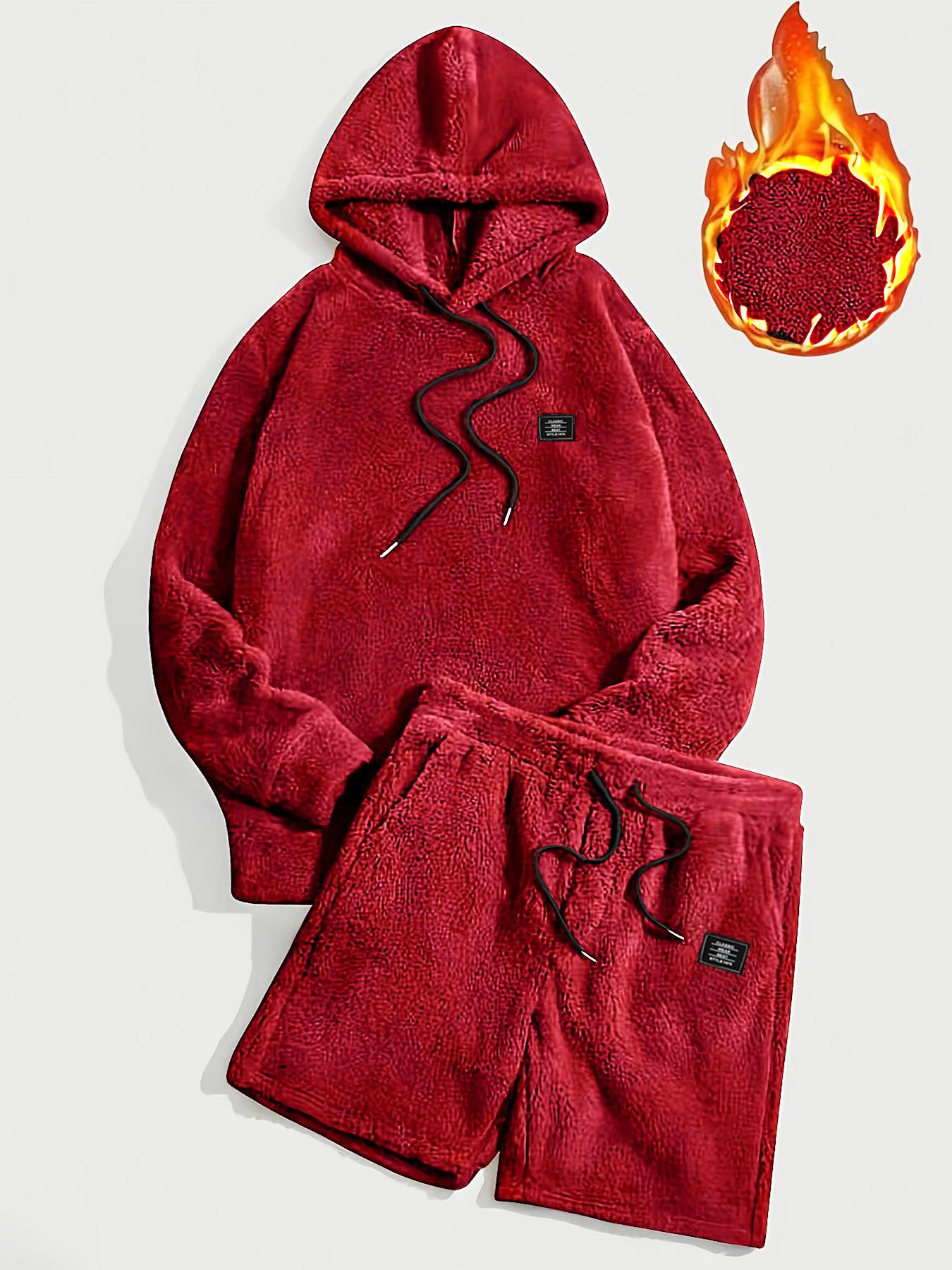 Men's Grey Drawstring Knit Hoodie & Pocket Shorts Plush Set, Regular Fit Casual Long Sleeve Hooded Sweatshirt & Shorts, Men's Fall & Winter Clothes