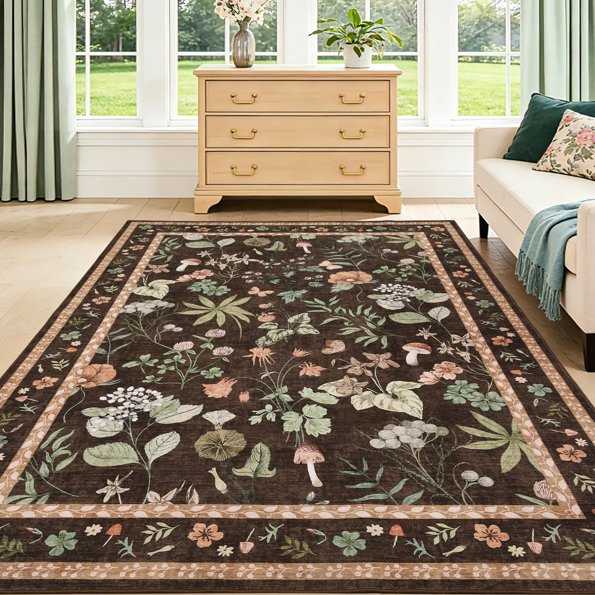 Machine Washable Foldable Area Rug Pearl Velvet Floral Mushroom Pattern Non Slip for Bedroom Living Room Pink 8x10 ft