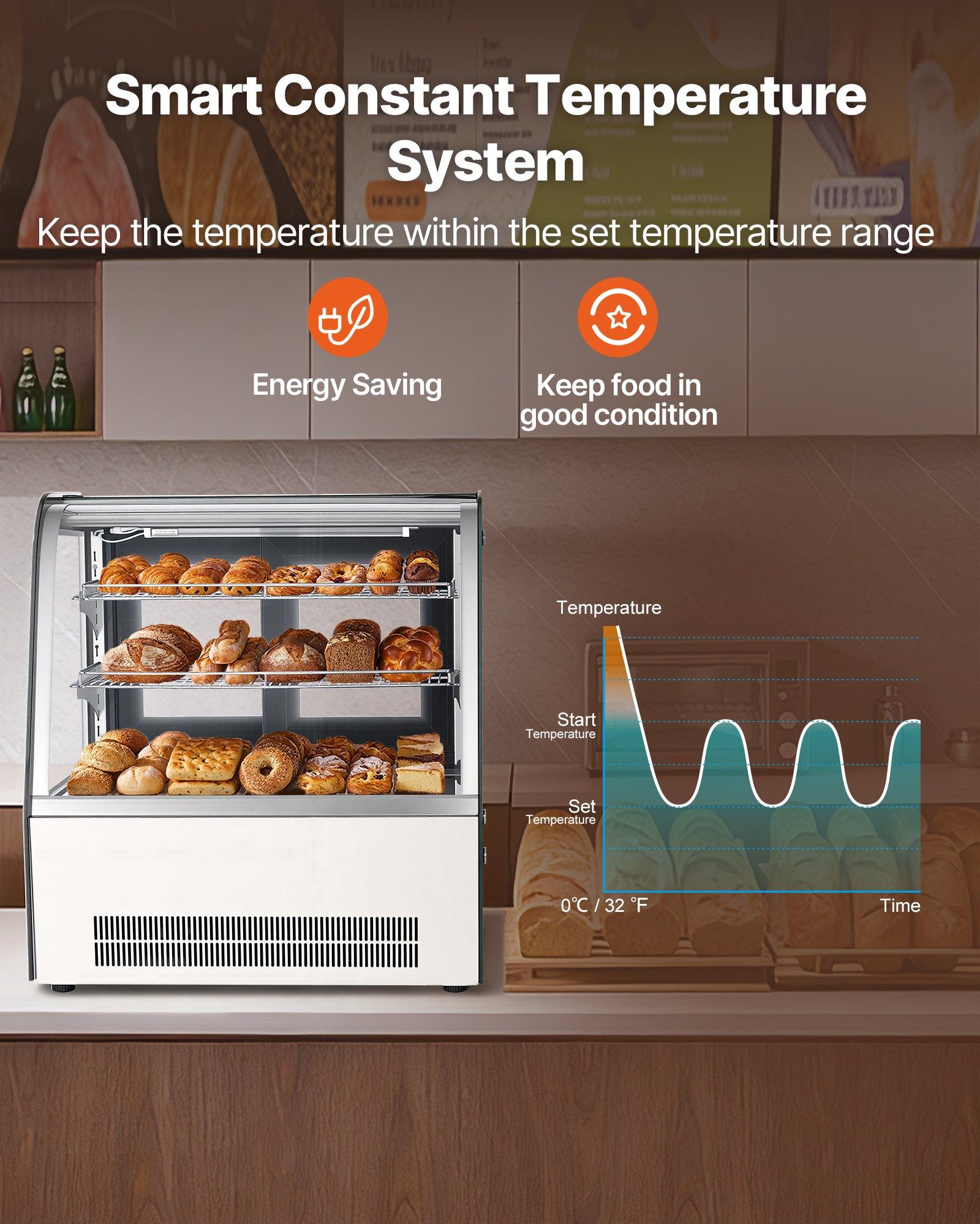 VEVOR Refrigerated Display Case, 4.2 Cu.Ft./105L Countertop Pastry Display Case, 2-Tier Commercial Cake Refrigerator with LED Lighting, TURBO Cooling, Frost-Free Air-Cooling, for Bakery, Dessert Shop