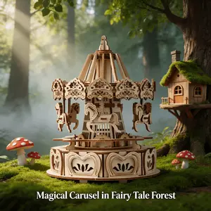 Fairy Tale Carousel Wooden 3D Puzzle Model Kit, No Glue Interlocking Merry-Go-Round DIY Assembly Craft, Magical Forest Carousel with Horse Figurines Desktop Decor, Whimsical Hobby Gift for Girls Women Birthday Christmas Valentine’s Day