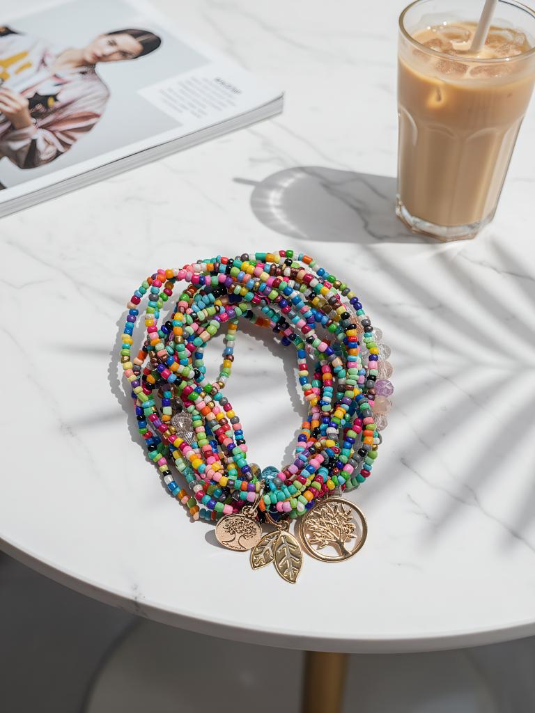 3pcs/set Bohemian Beaded Bracelet for Women, Handmade Elastic Stretch Bracelets with Tree Leaf Pendant, Colorful Rice Beads & Crystal Flat Beads for Summer Beach