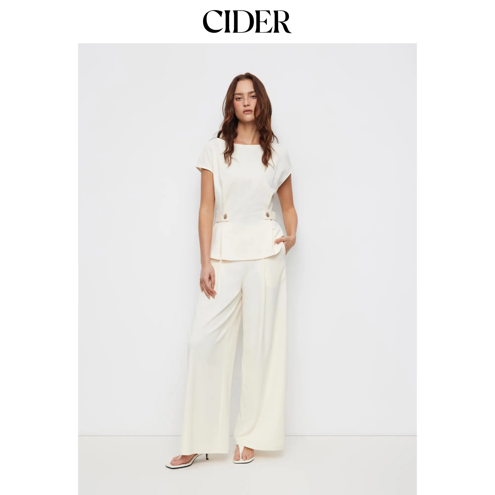 Cider Boat Neck Metal Button Top & Mid Rise Pleated Straight Leg Trousers Set