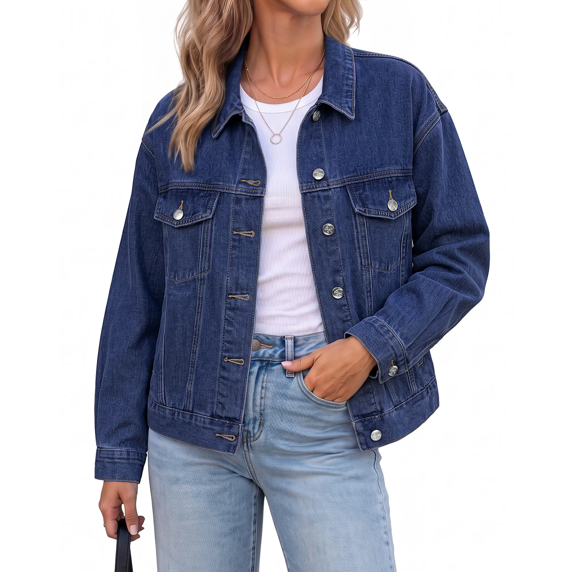 GRAPENT Jean Jacket Women Trendy Button Up Classic Oversized Denim Jackets Loose Fit, Side Seam Tabs for Adjustable Fit, Functional Pockets, Denim Trucker Jackets, Work Casual Oufits, Weekend Outings