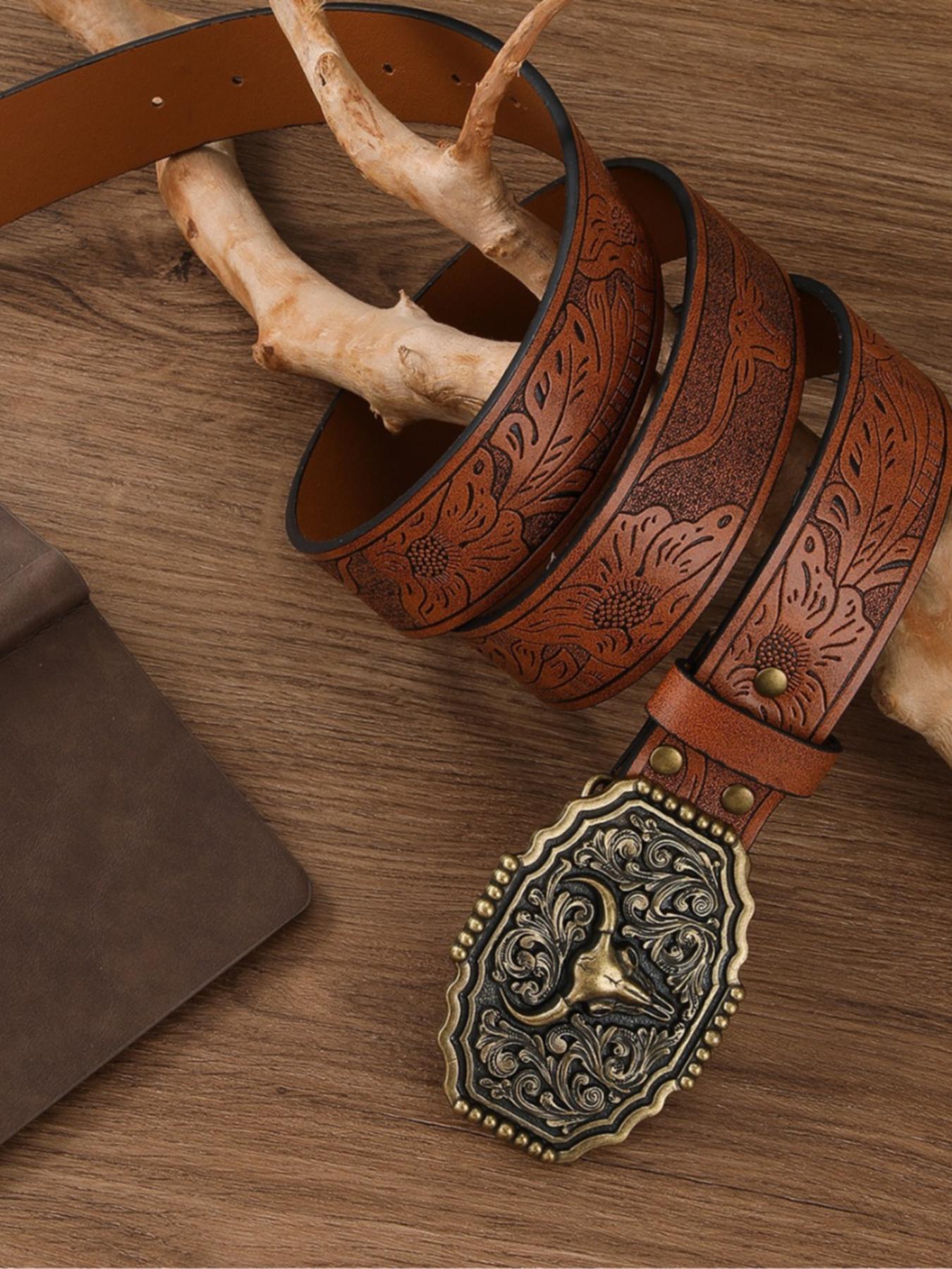 Boho Style Vintage Western Belt, Fashionable Ethnic Pattern Embossed Belt Buckle for Women & Men, Trendy All-match & Exquisite Belt for Birthday Gift