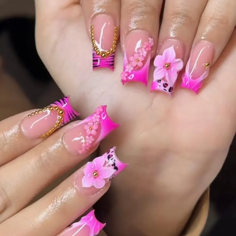 Mid-Length European & American Rose Red Gradient Leopard French Press On Nails, False Nails Decorated with 3D Flowers, Steel Balls & Petal Ornaments