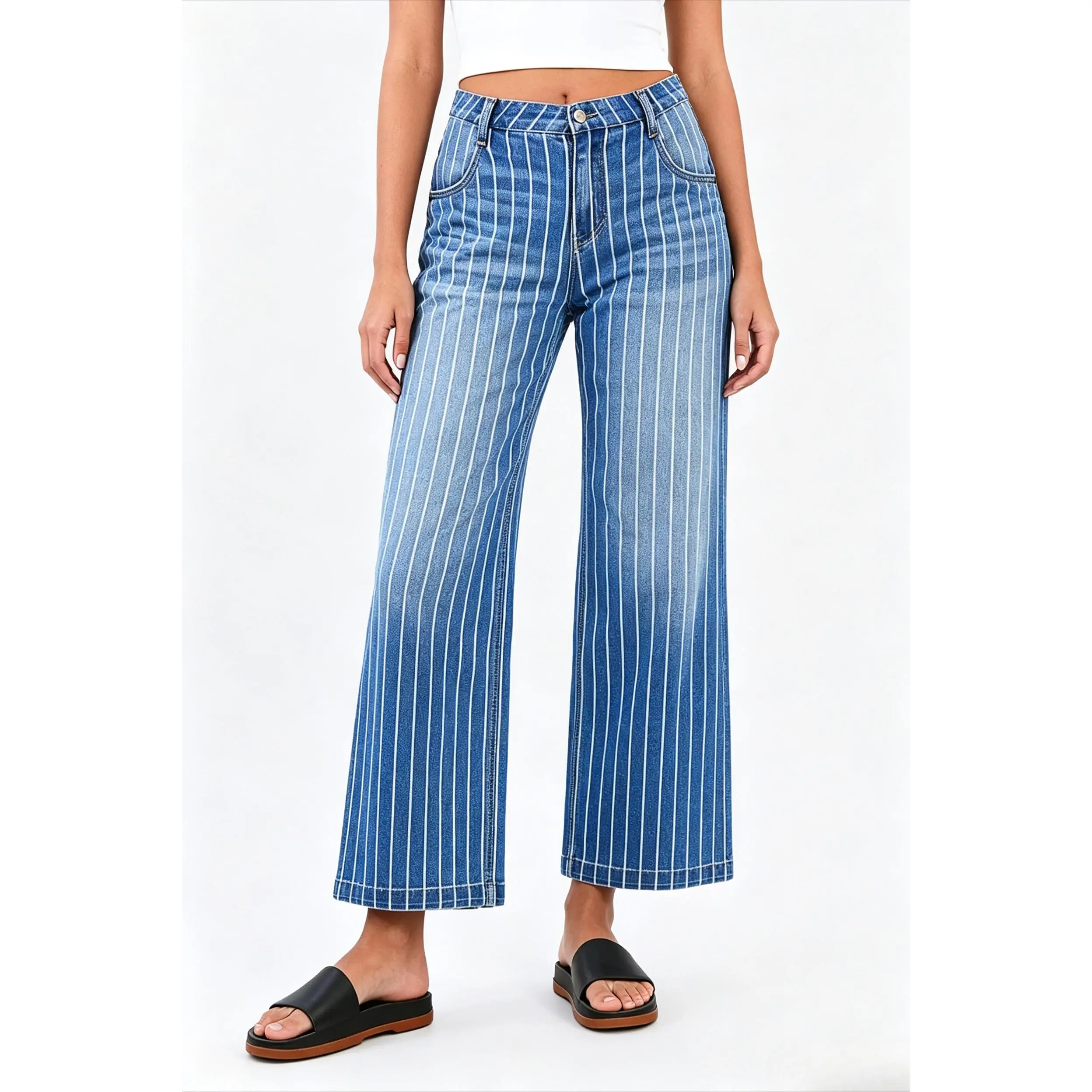 Women's High Waisted Striped Wide Leg Cargo Jeans, Vintage Blue White Denim Pants, Cropped Relaxed Fit Casual Streetwear Jeans with Utility Pockets