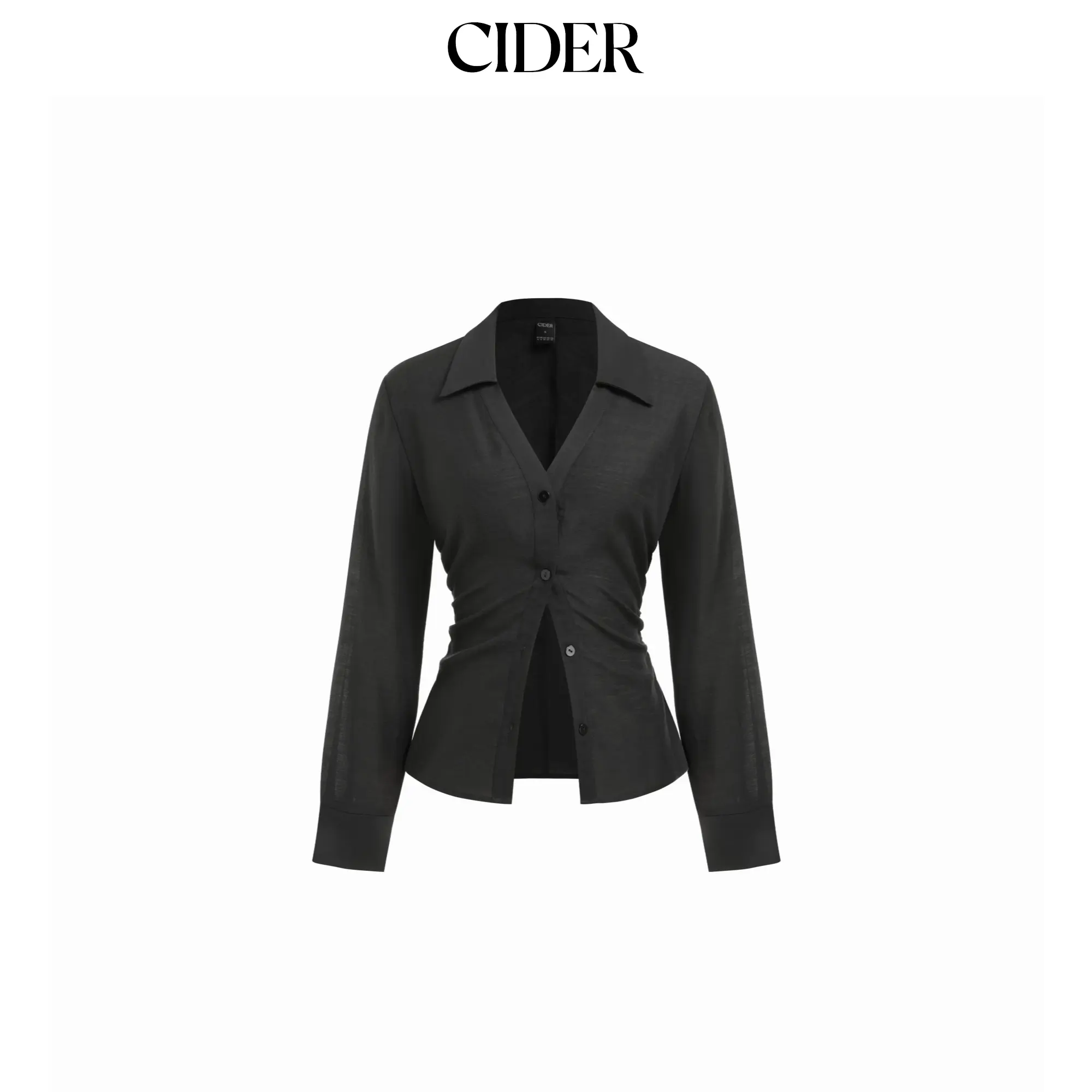 Cider Collar Knotted Ruched Cinched Waist Shirt