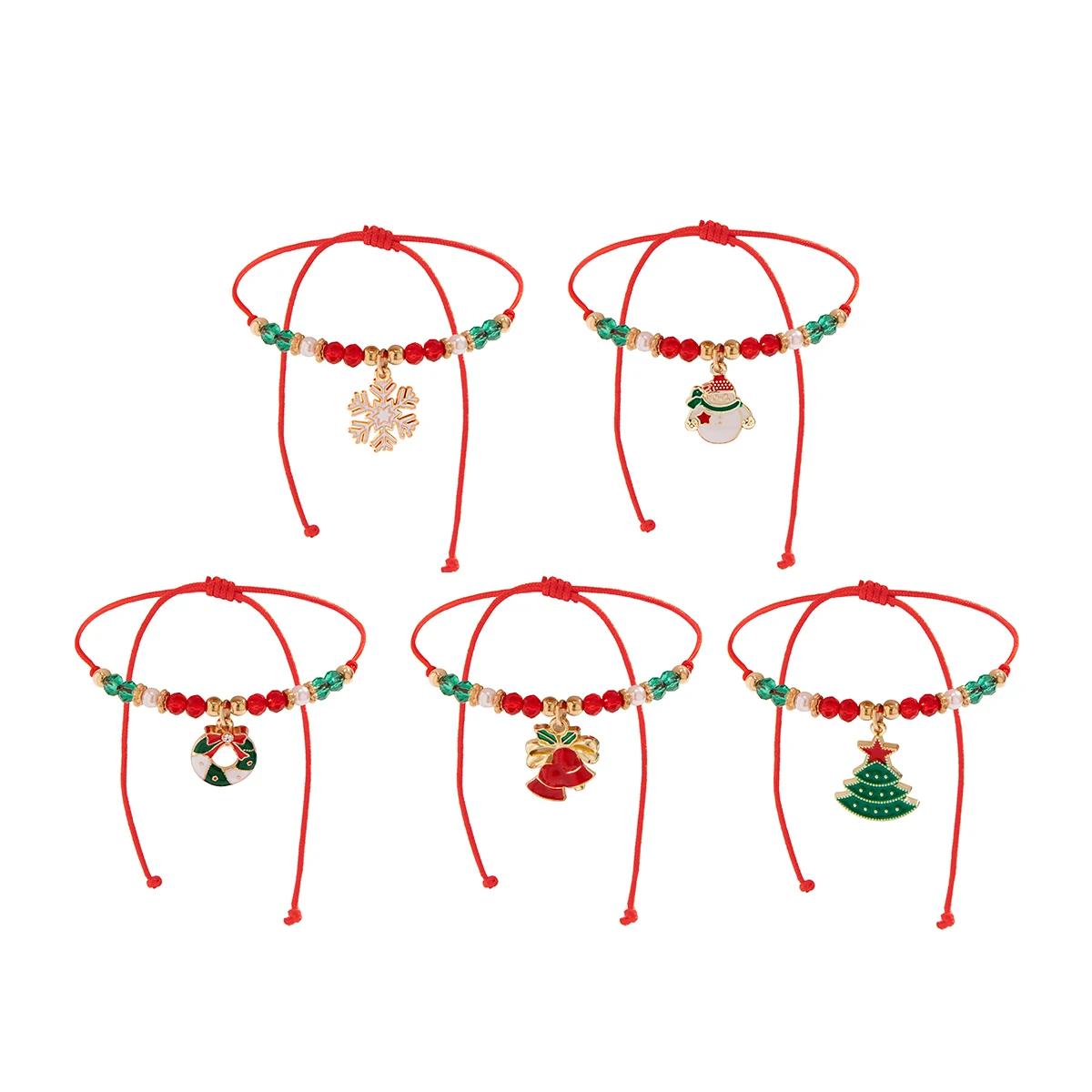 5pcs/set Cute Christmas Series Snowflake Tree Pendant Crystal Bracelet Women CCB Beads Adjustable Thread Rope Bracelet