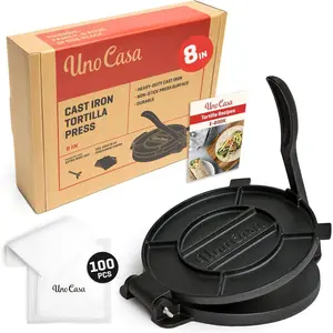 Cast Iron Tortilla Press 8 Inch - Tortilla Maker Press, Pre-Seasoned Roti Maker with 100 Pcs Parchment Paper - Heavy Duty Quesadilla Maker for Homemade Flatbreads, Rotis, Empanadas