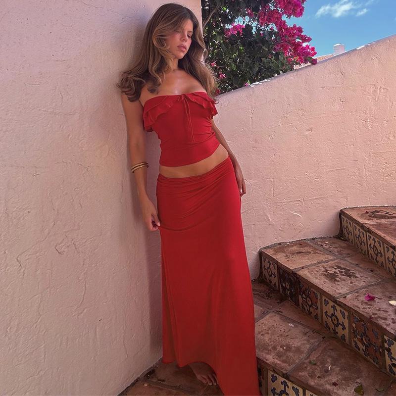 Two-Piece Set Women's Solid Color Tube Top & Skirt, Chic Backless Crop Top & Skirt for Beach Holiday Vacation, Ladies Clothes for All Seasons