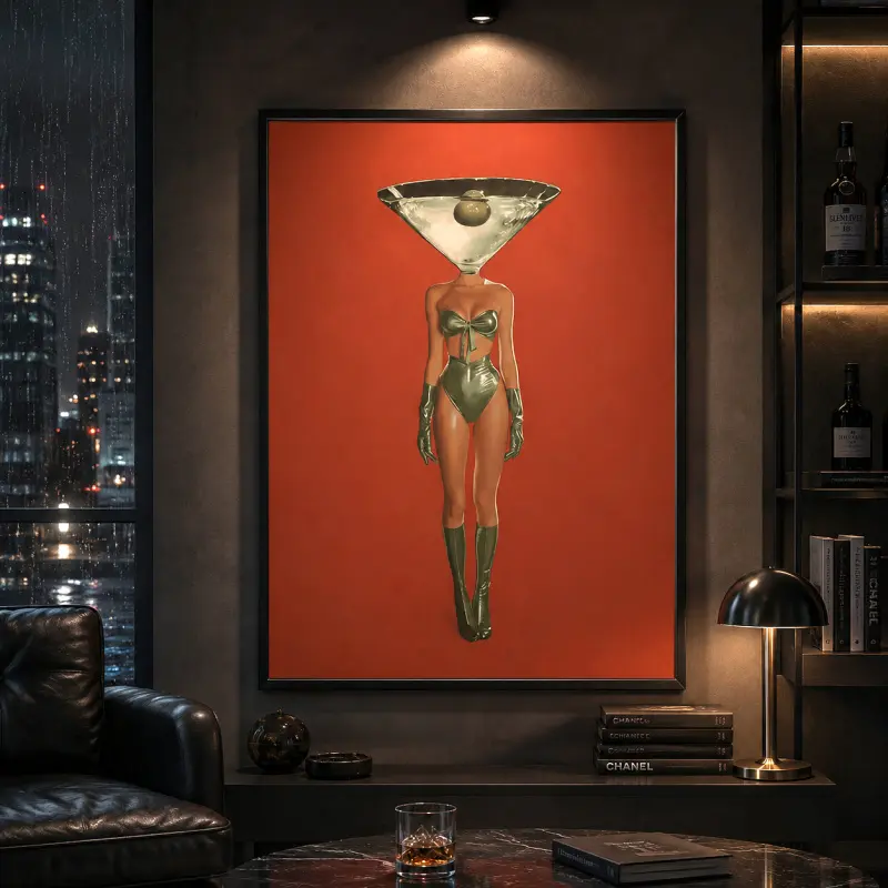 Vintage Dirty Martini Cocktail Print, Retro Bar Cart Decor, Red Wall Art with Woman & Retro Drink, Aesthetic Canvas Poster for Bedroom, Funky Home Decor, Cocktail Wall Art, Bar Decor