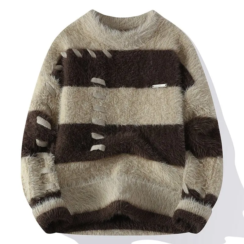 Men's American High Street Drop Shoulder Pullover Sweater - Nylon Blend, Color-Blocked Stripes, Hand-Stitched Patchwork Detail, Soft Fluffy Long-Pile Knitwear, Vintage Warm Autumn Winter Top, Standard Sizes, Long Sleeve, Menswear