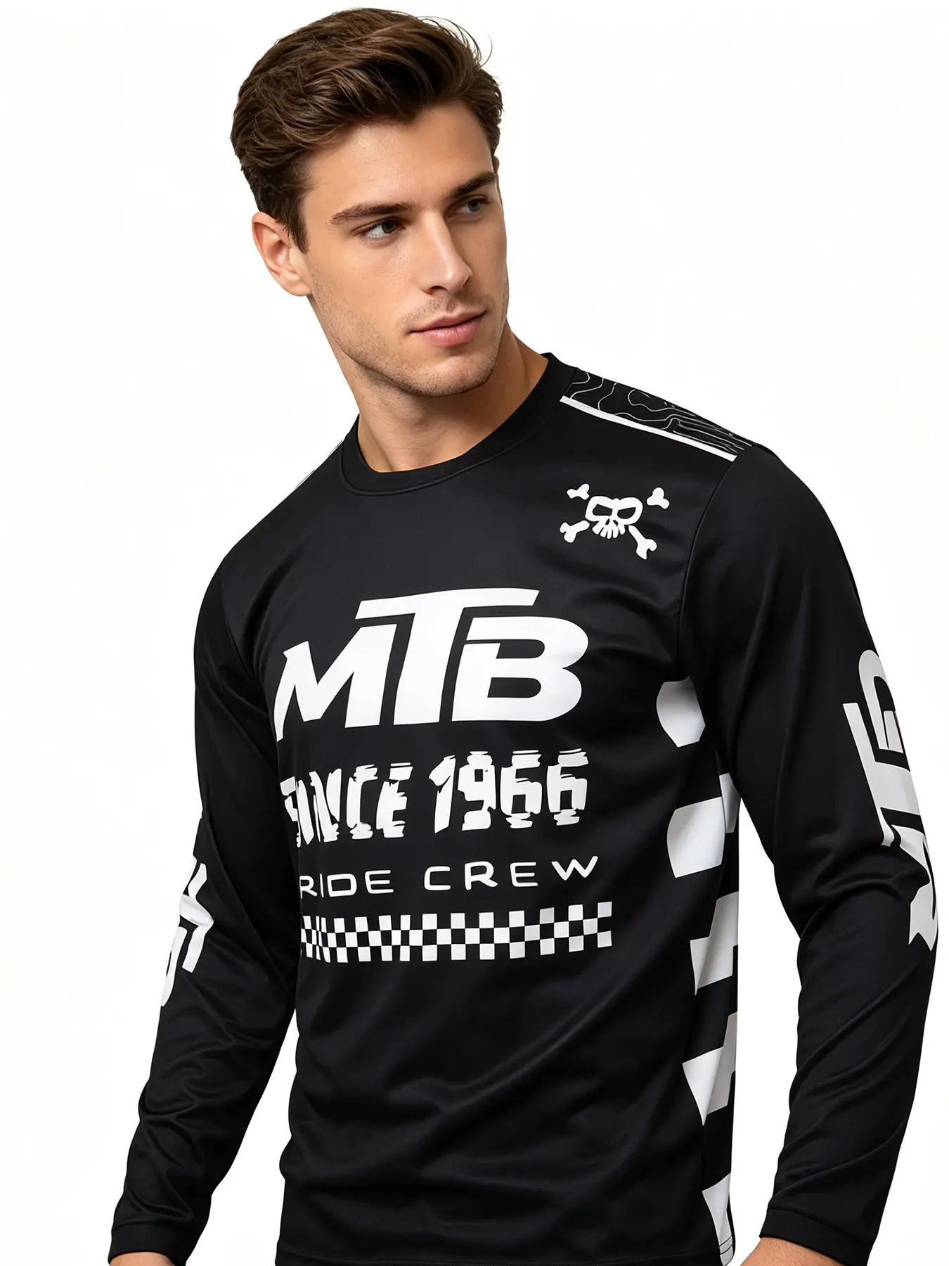 Fashion Black White Skull MTB, Multi-Sport Training Long Sleeve Tee, Breathable Sports Tops, Men Long Sleeve Cycling Top Racing Checkered Pattern Quick Dry Breathable Stretch Lightweight Off Road Motocross Outdoor Sports Jersey For Riding